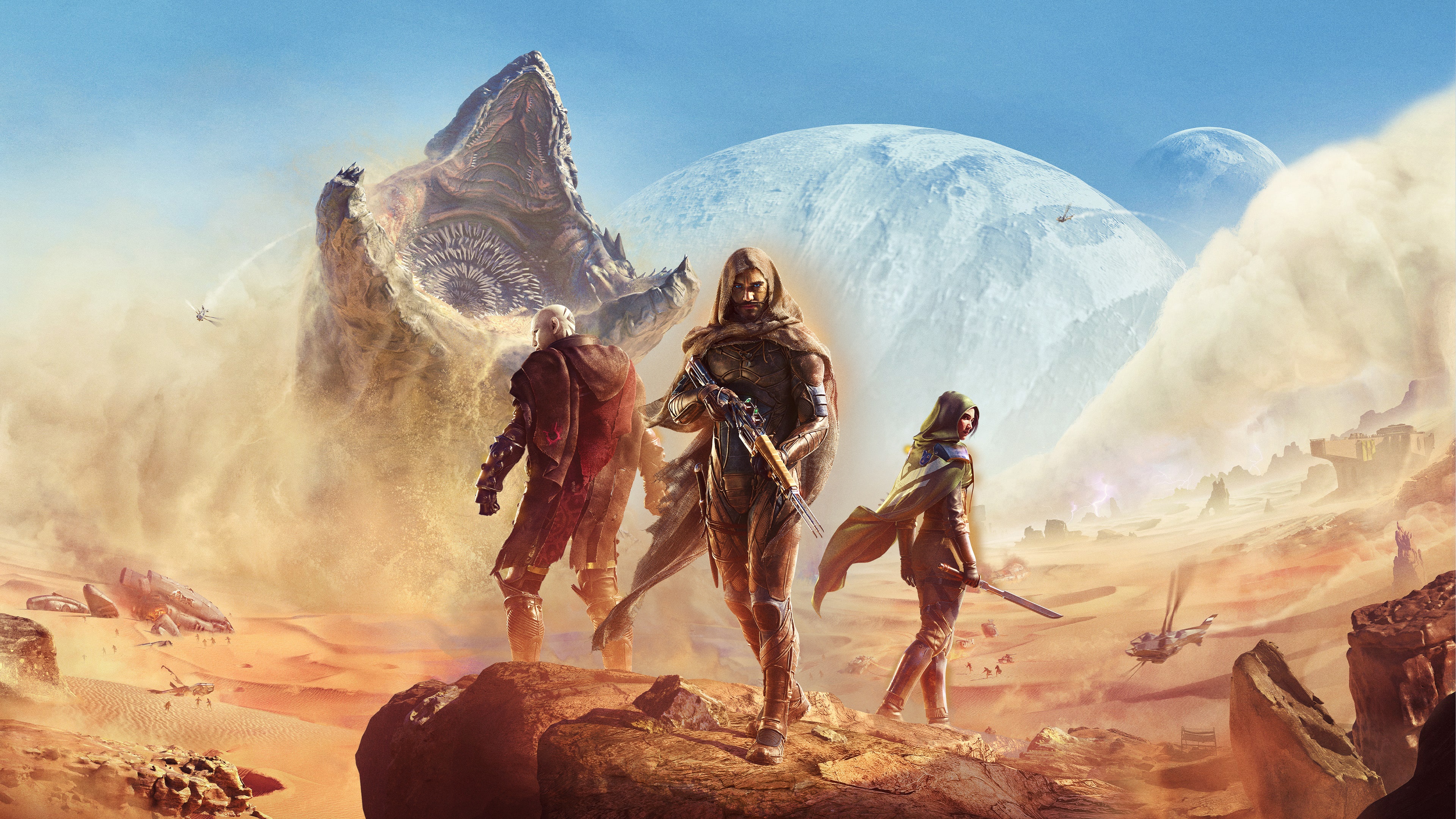 Dune Awakening: Three figures stand on a desert planet HD Wallpaper