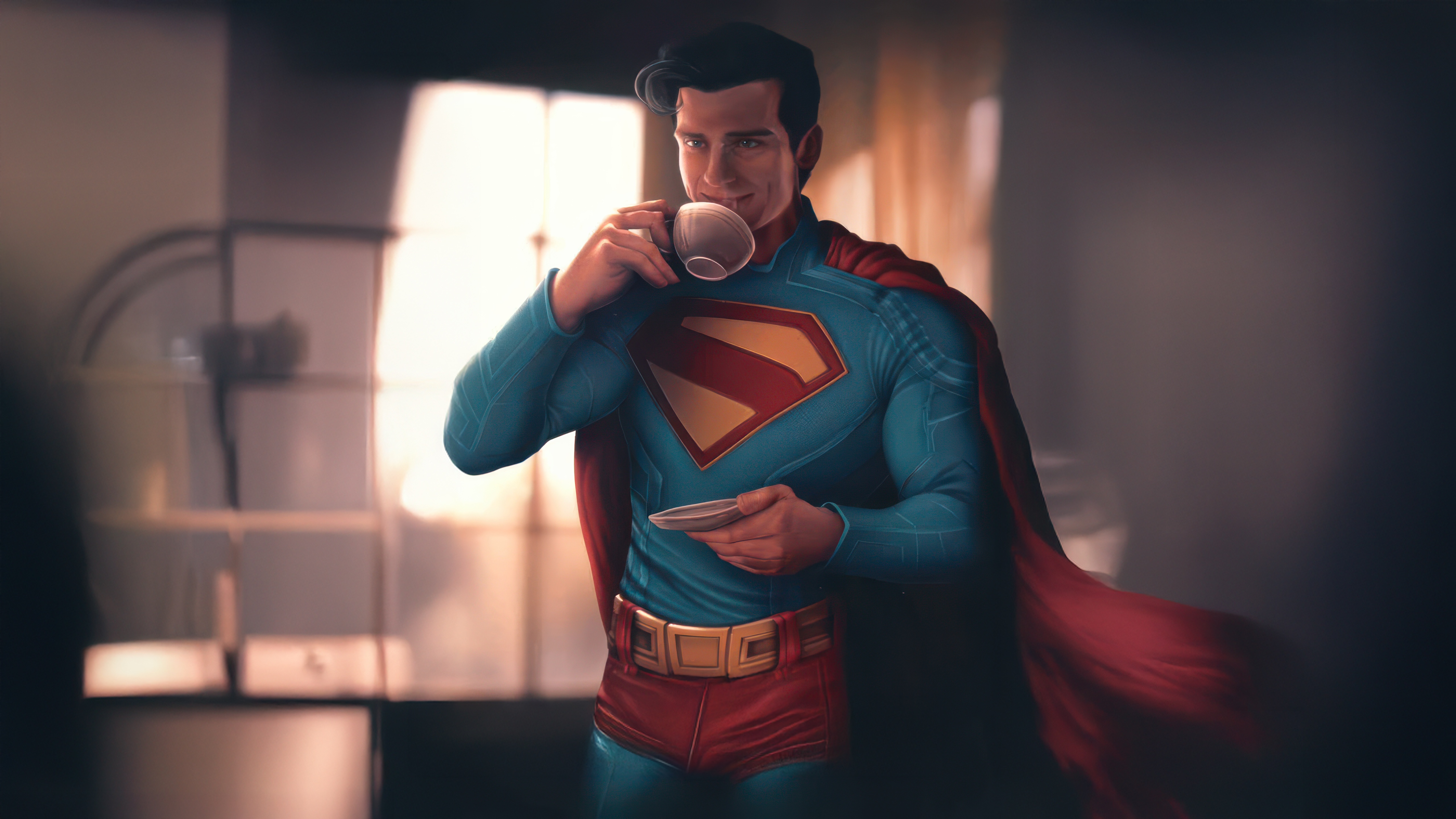 Superman drinking coffee indoors HD Wallpaper