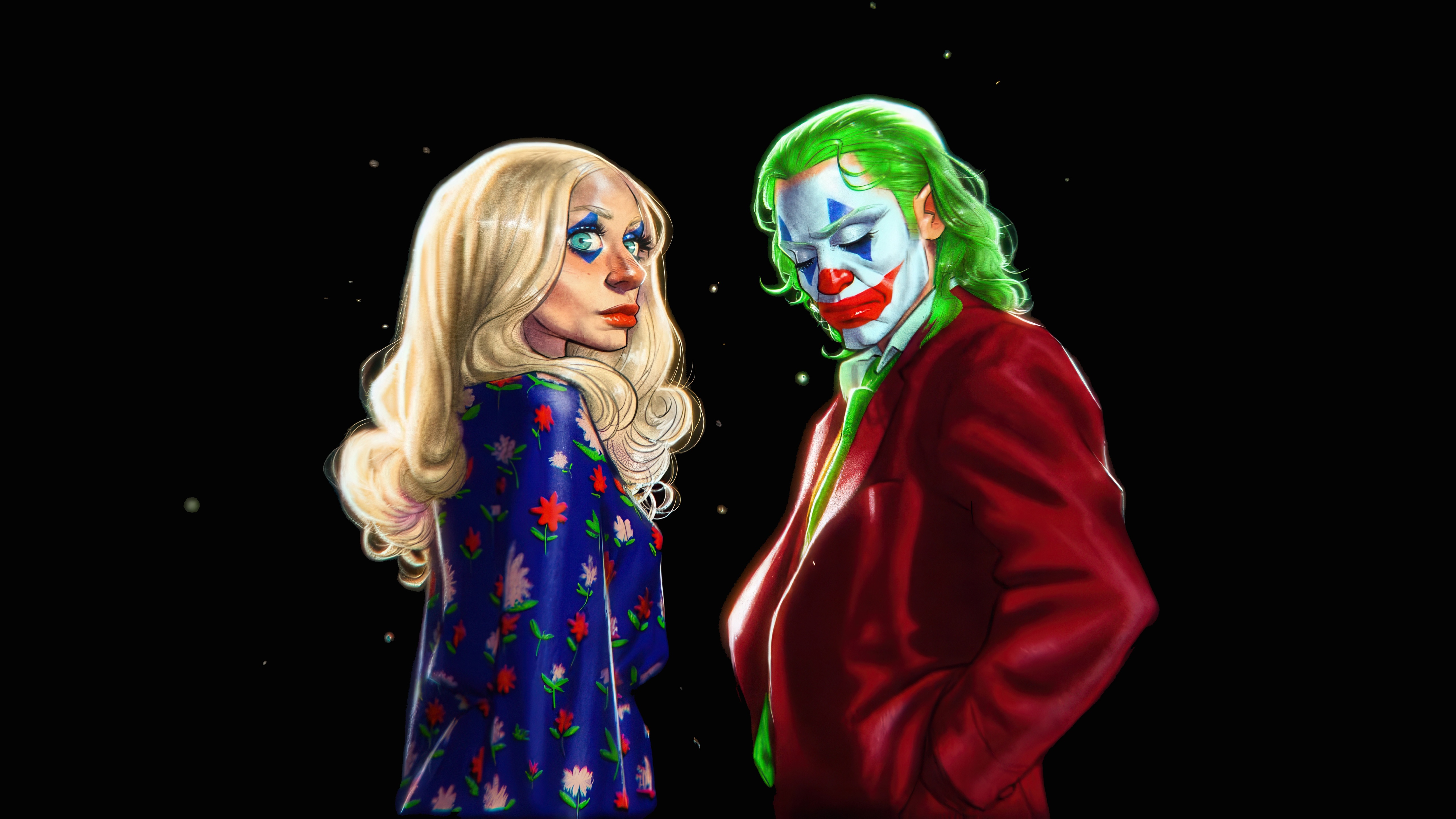 Harley Quinn and Joker in clown makeup HD Wallpaper