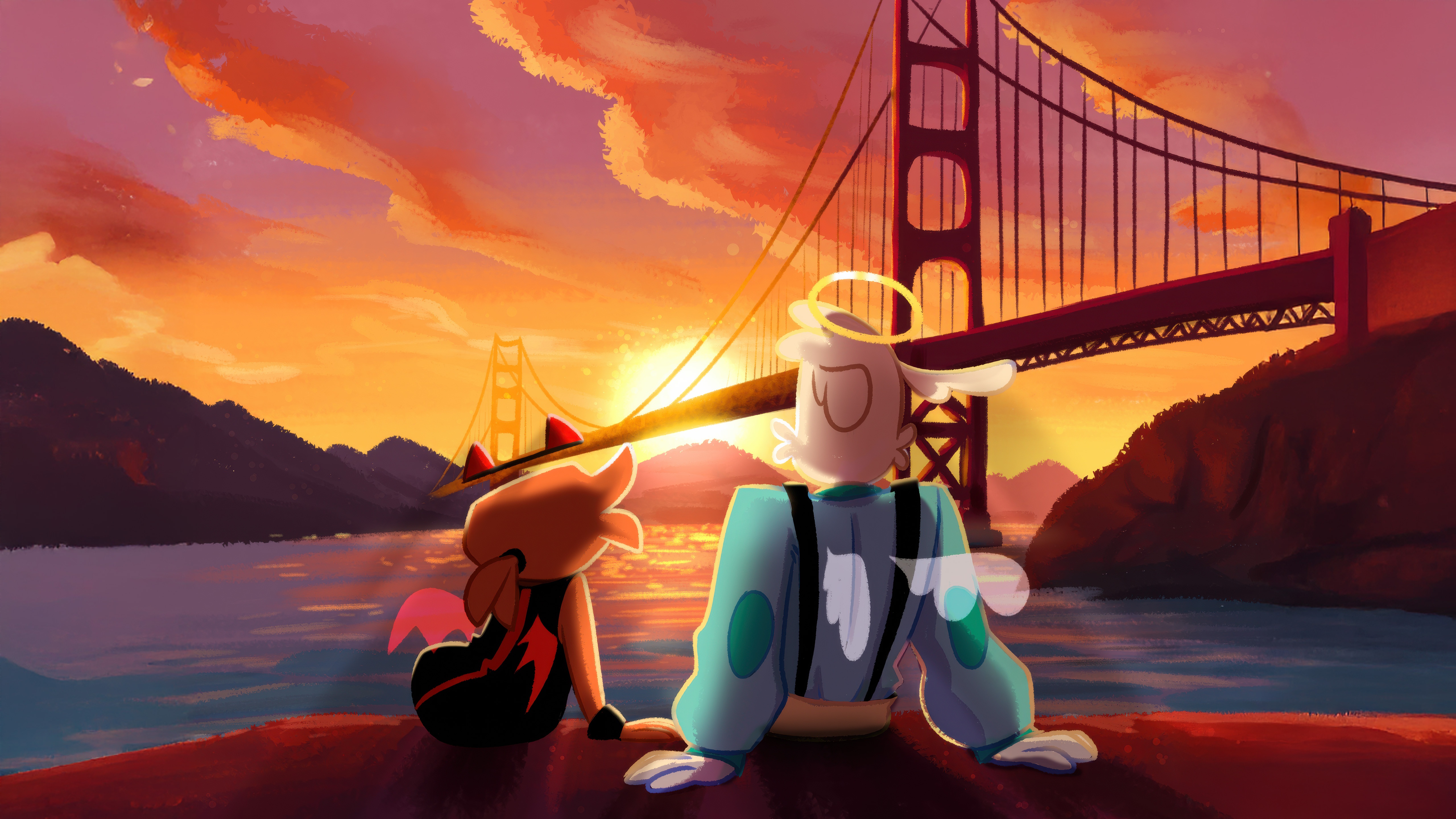 Two characters watch the Golden Gate Bridge at sunset HD Wallpaper