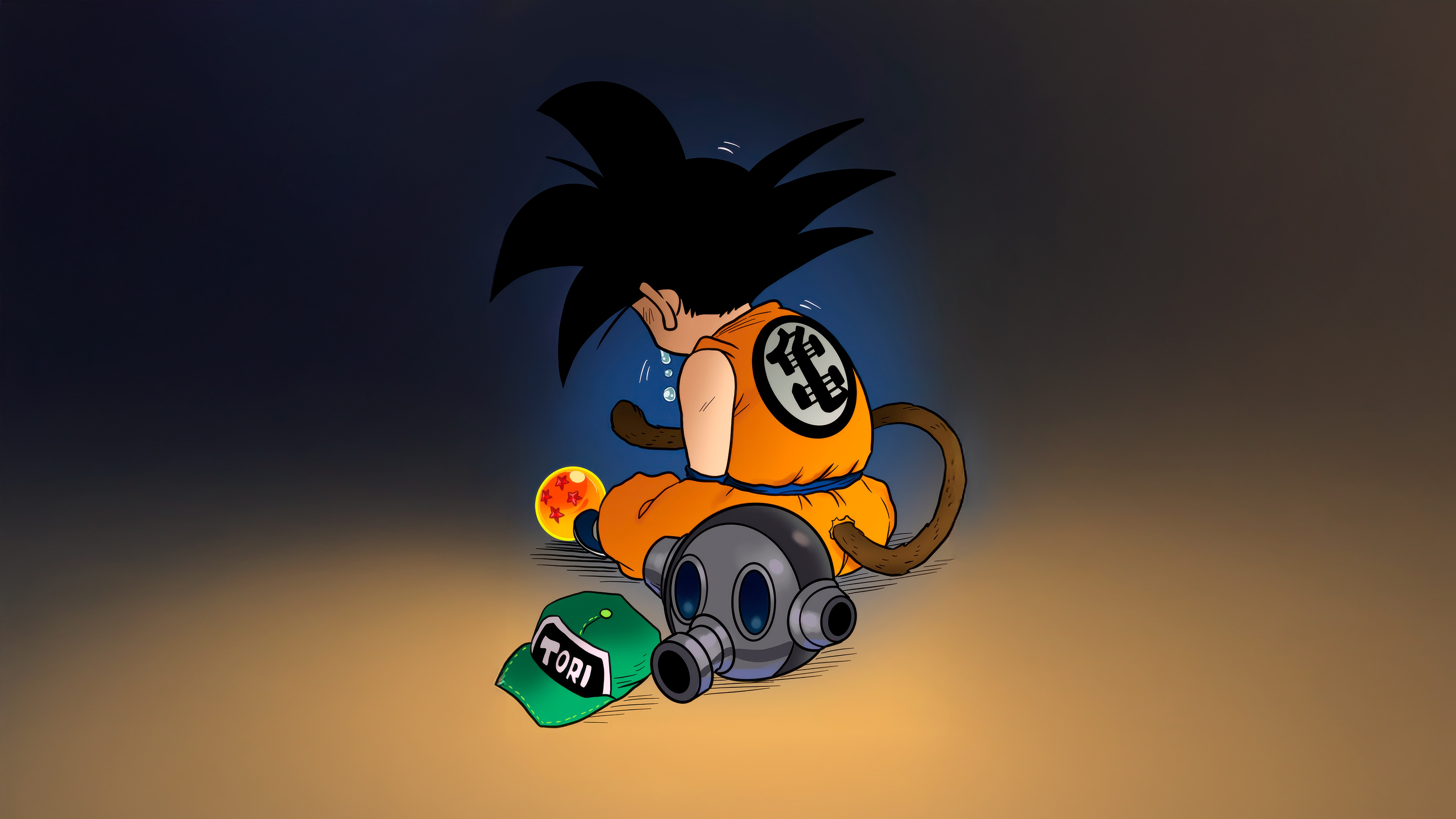 Little Goku Crying Next to Dragon Ball and Gas Mask HD Wallpaper