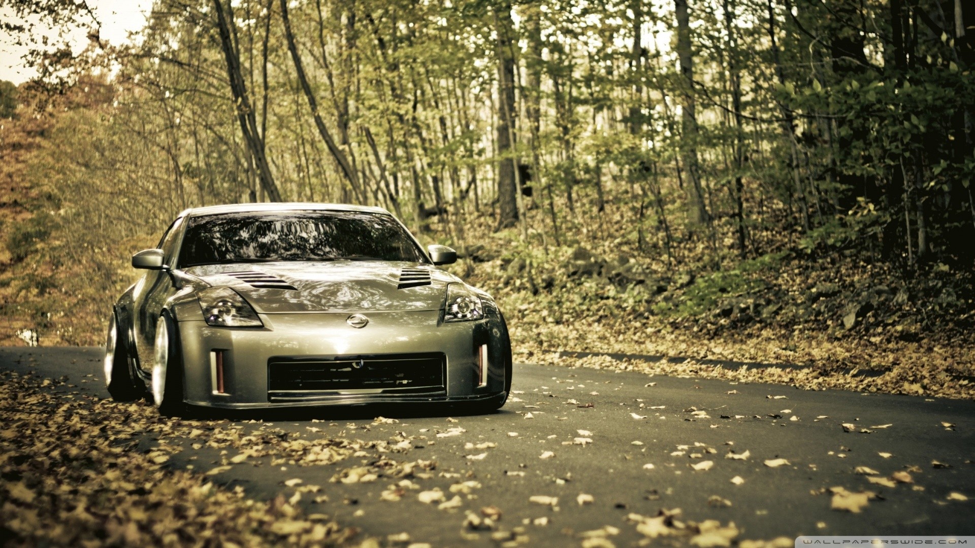 Nissan 350Z on a forest road with fallen leaves HD Wallpaper