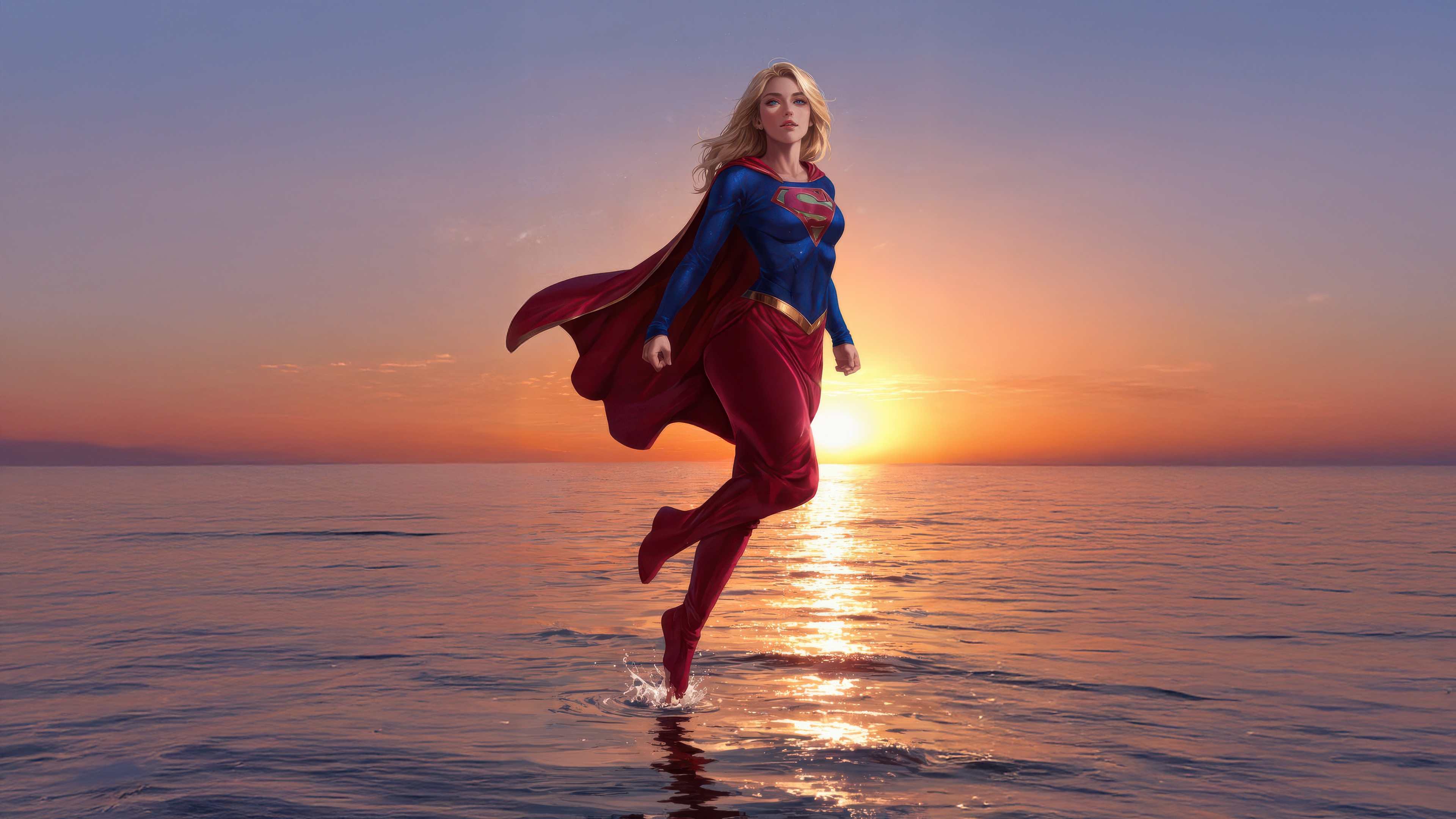 Supergirl flying over the ocean at sunset HD Wallpaper