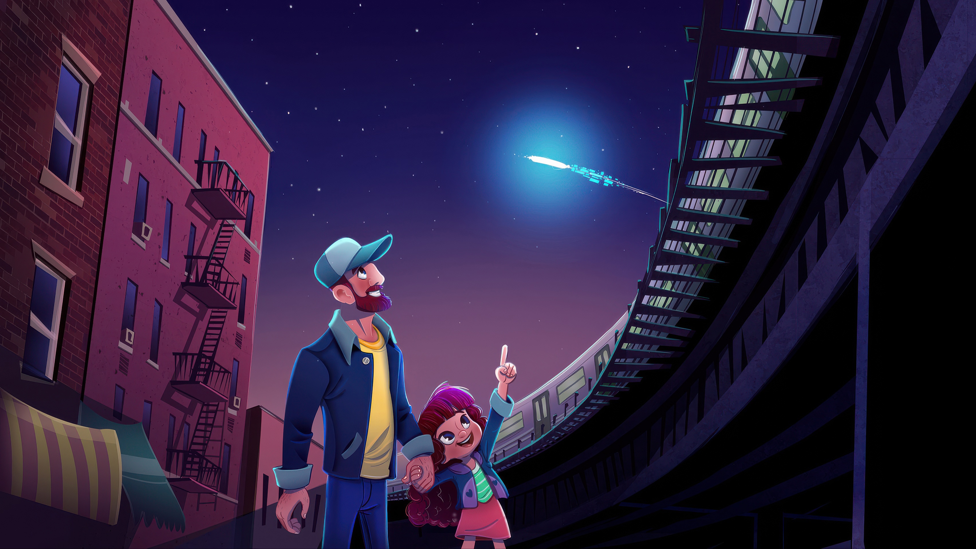Father and daughter look at a glowing object in the night sky HD Wallpaper