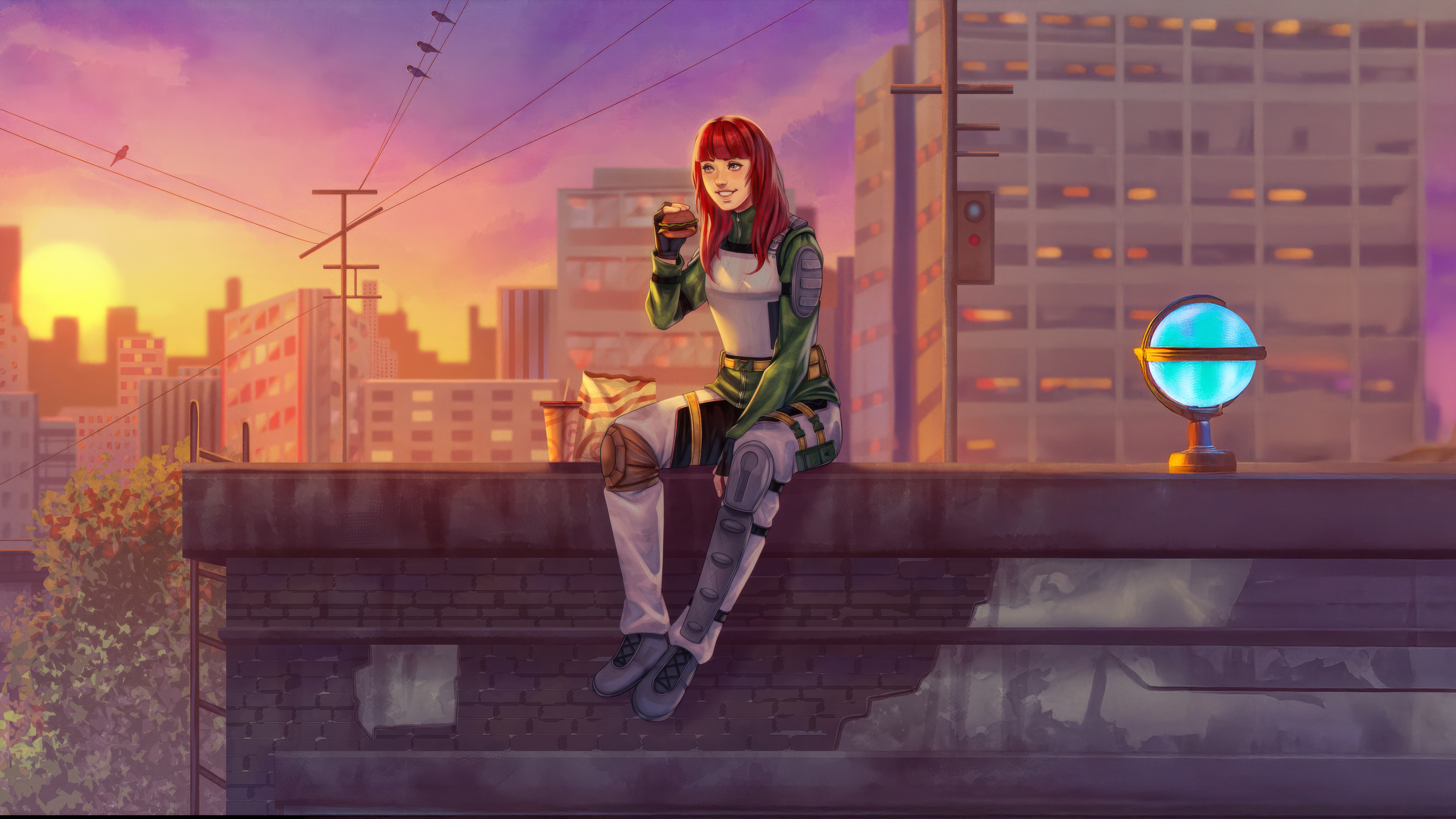Girl eating a burger on a rooftop at sunset HD Wallpaper