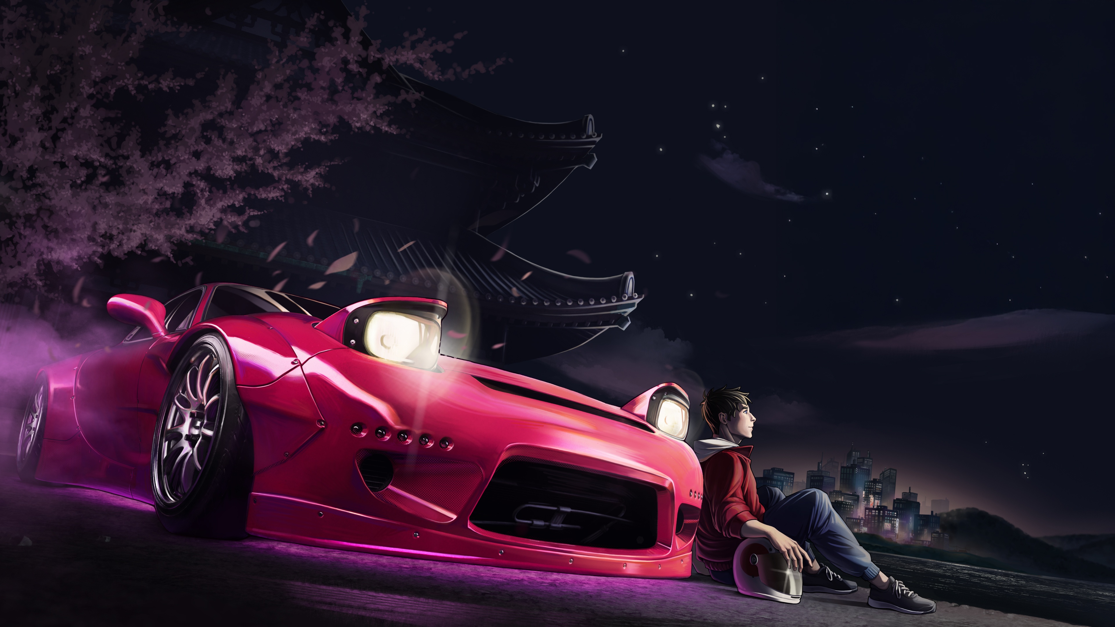 Pink JDM Car and Man Under Cherry Blossoms at Night HD Wallpaper