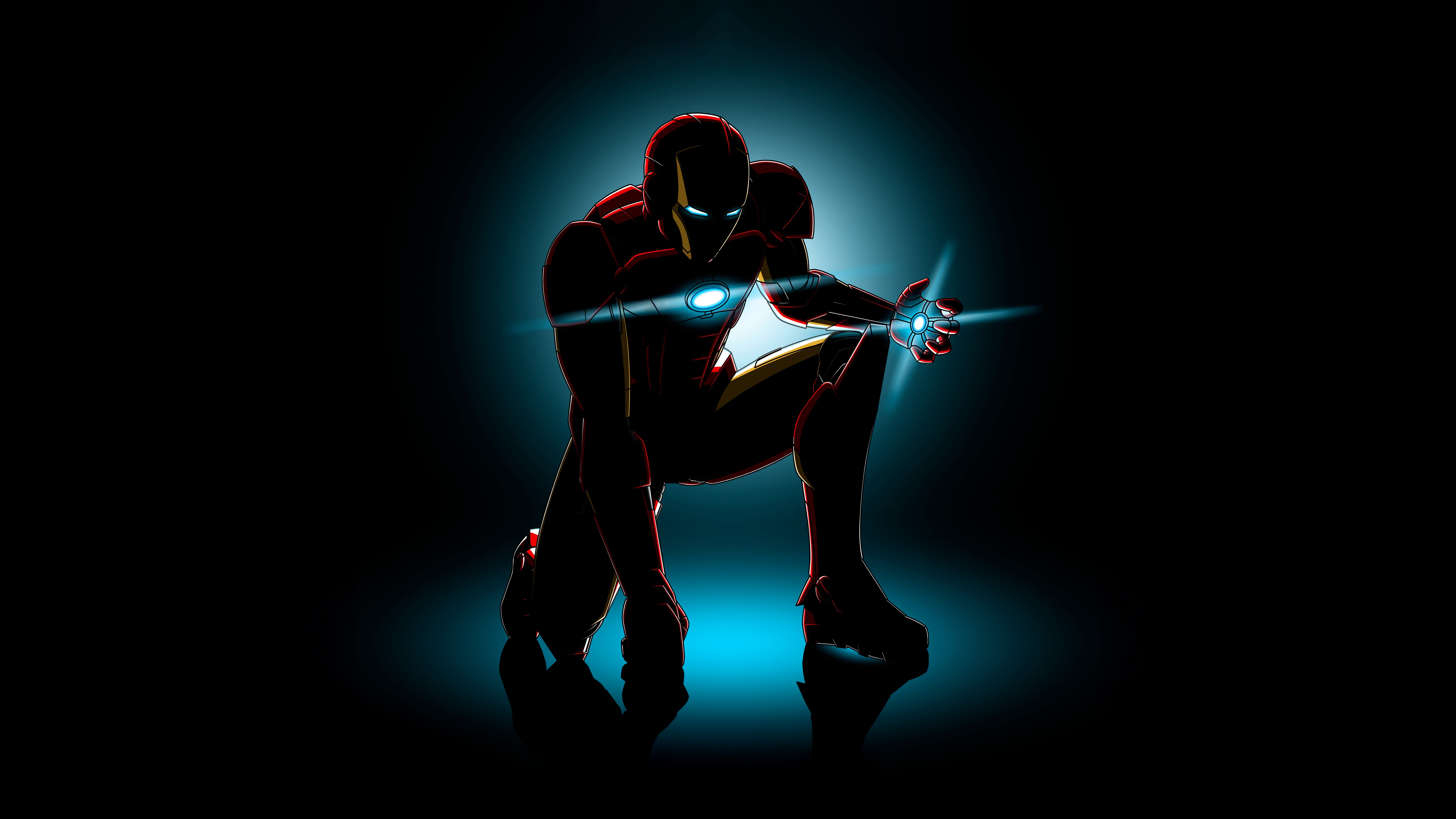 Iron Man in a crouched pose with glowing repulsors HD Wallpaper