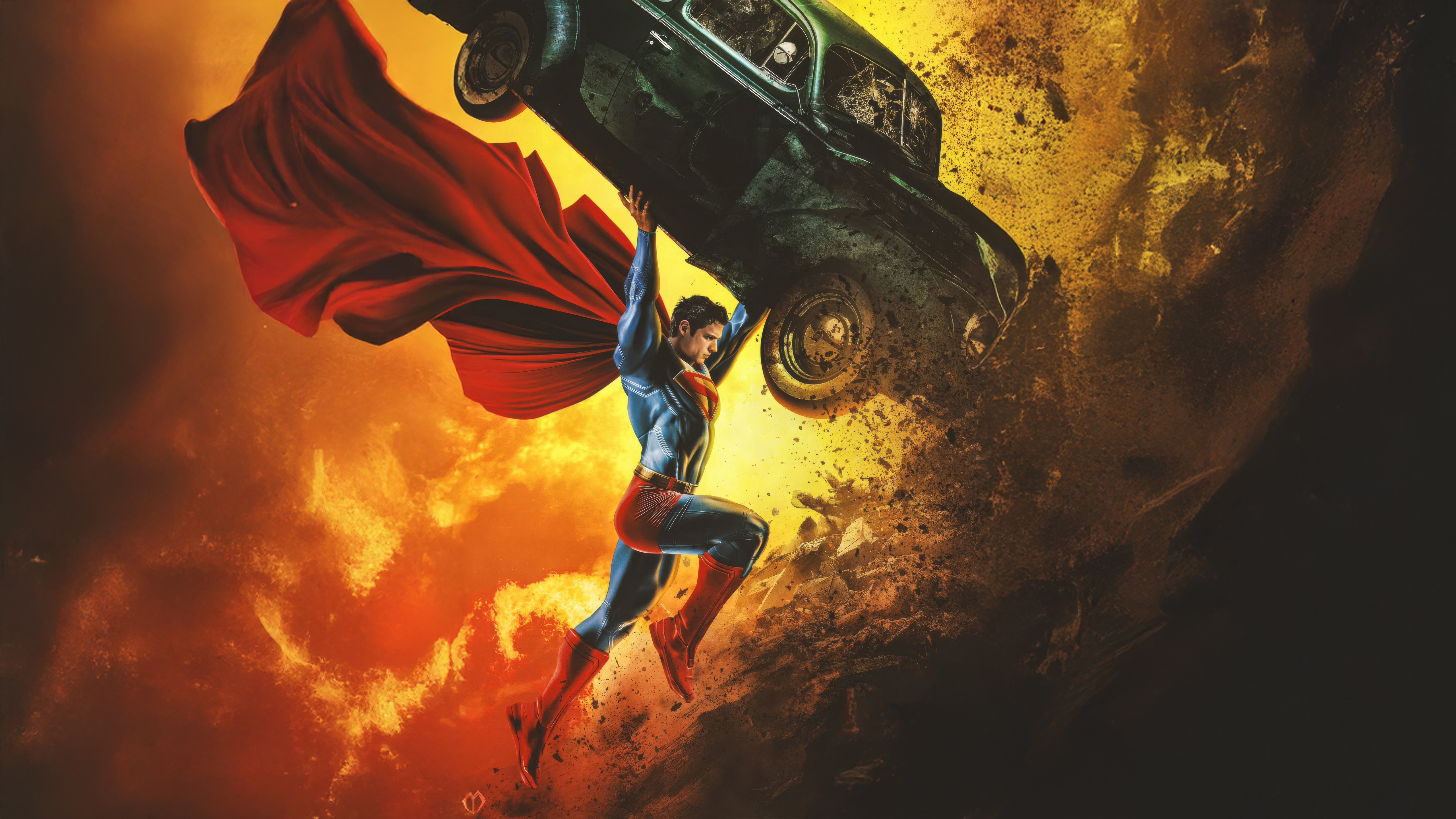 Superman lifting a car with a red cape HD Wallpaper