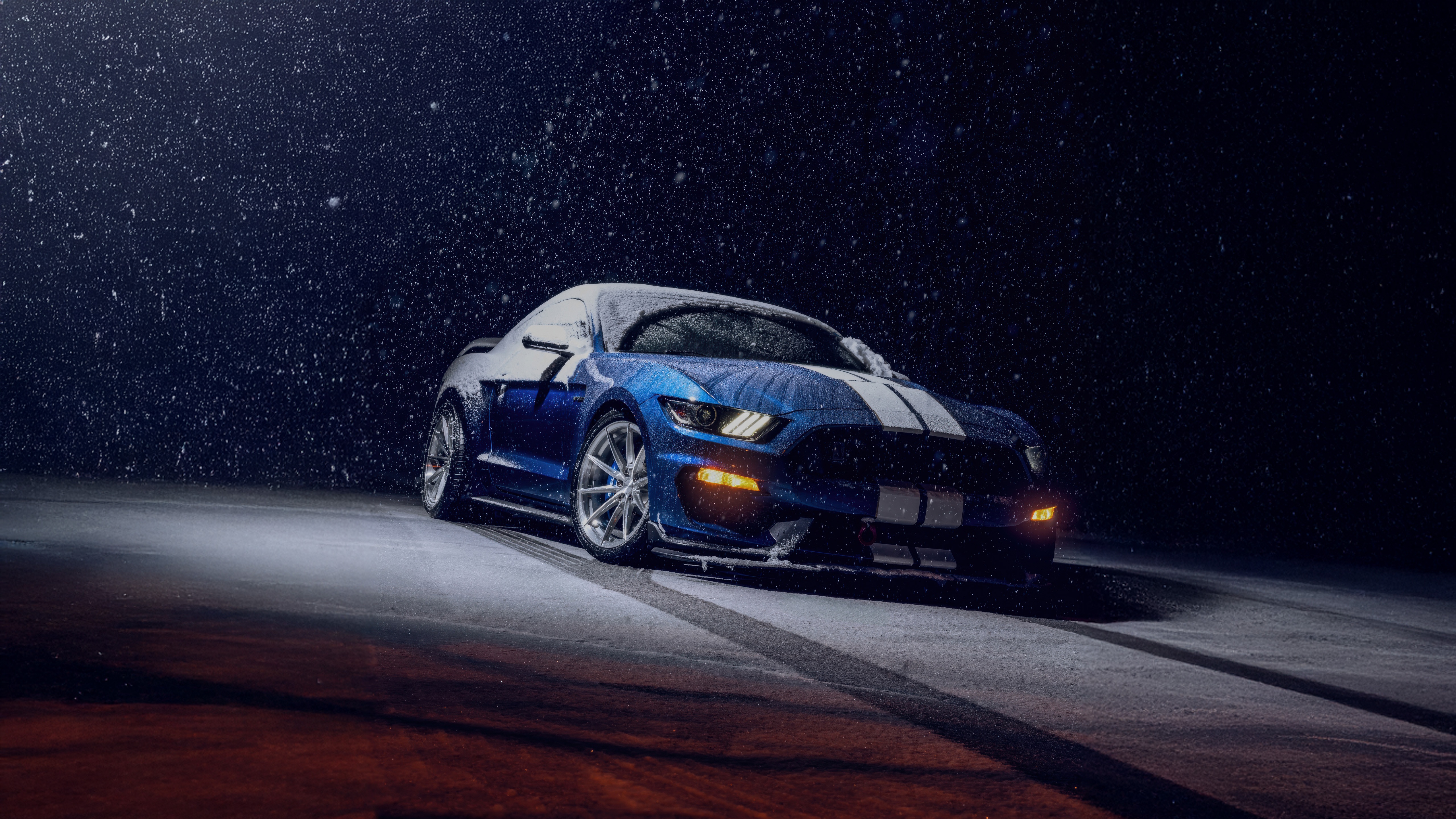 Blue Ford Mustang in Snow at Night HD Wallpaper