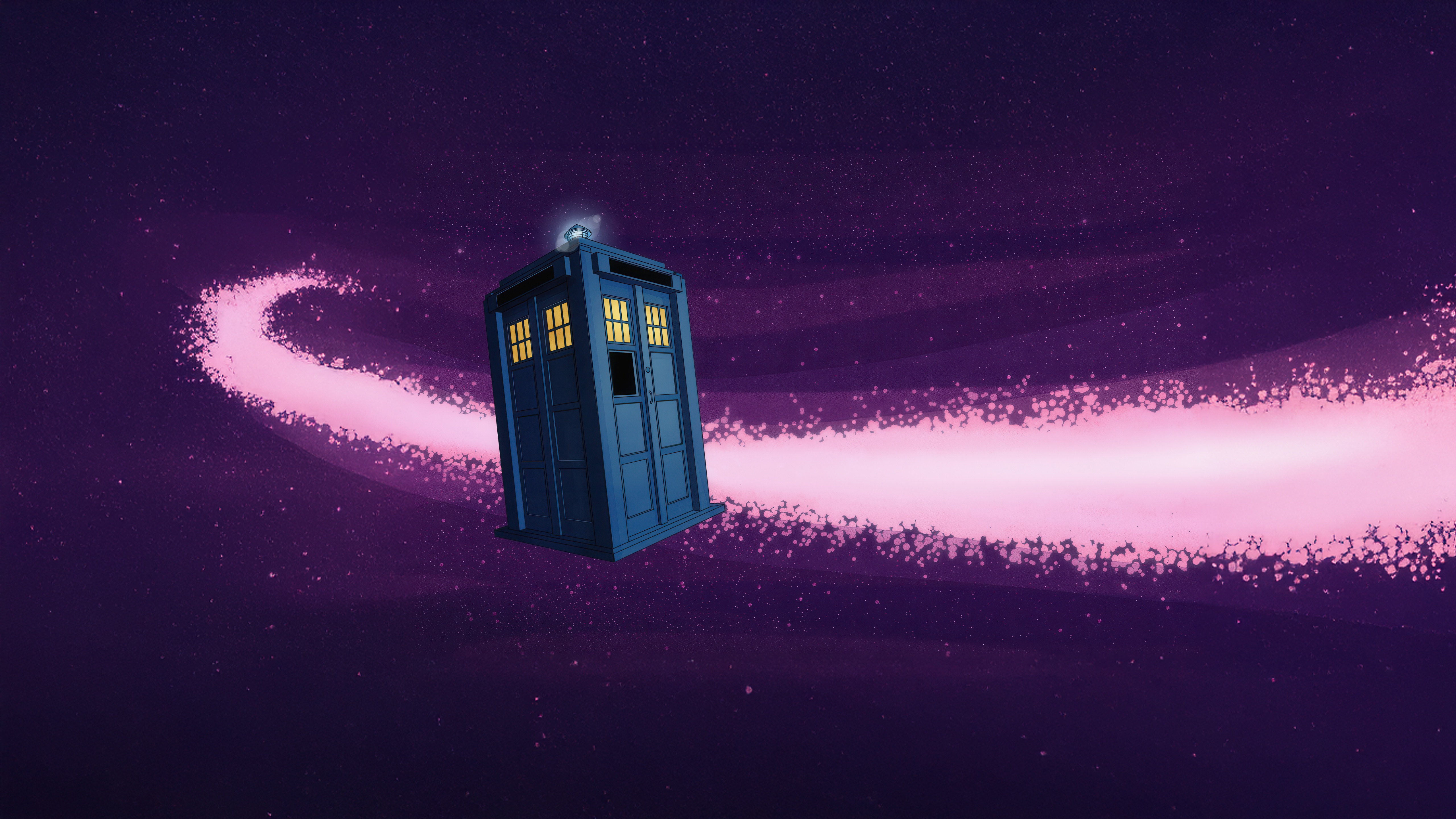 TARDIS traveling through a pink cosmic trail HD Wallpaper