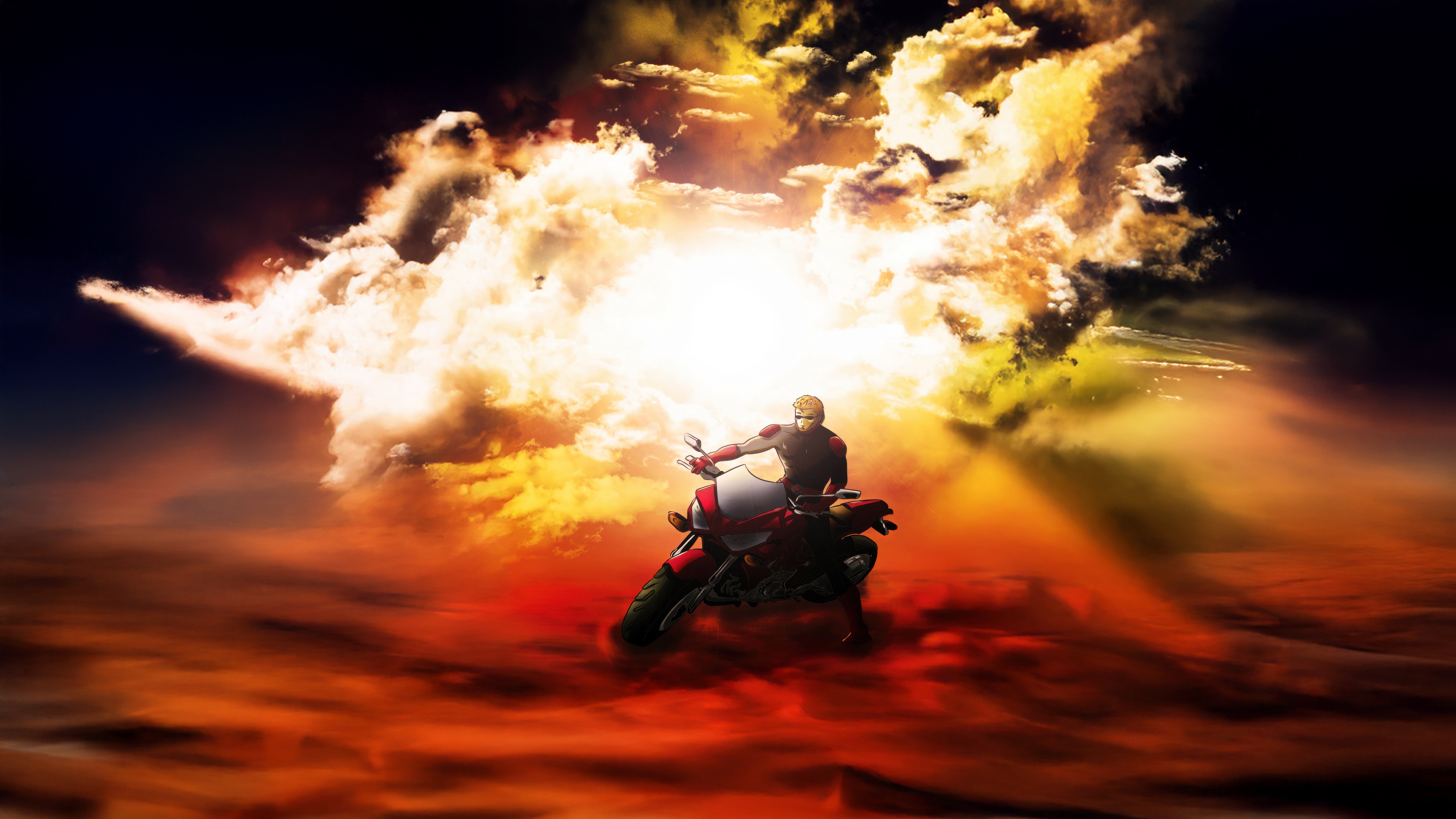 Man riding a motorcycle through clouds HD Wallpaper