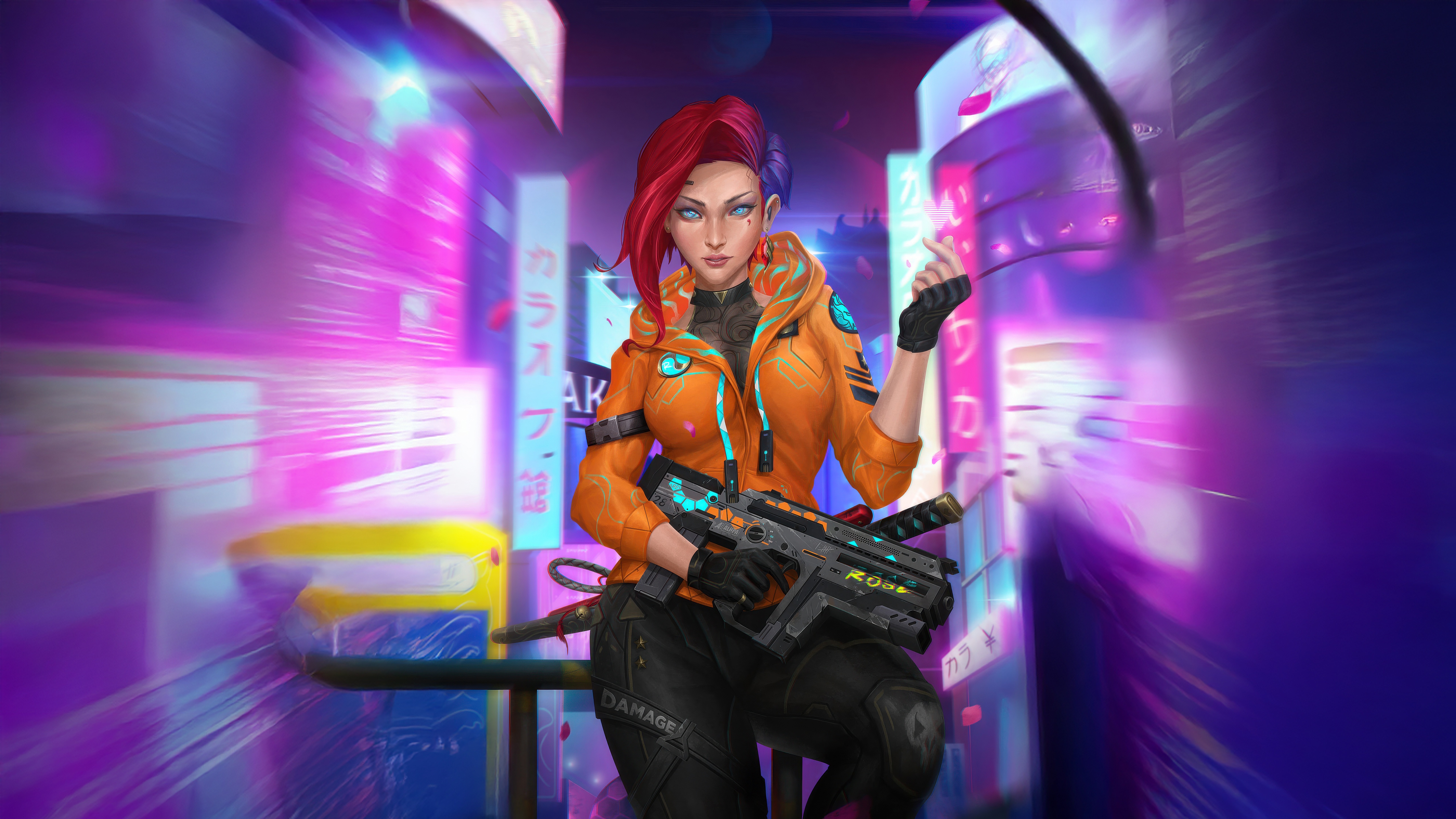 Cyberpunk Girl with Gun in Neon City HD Wallpaper
