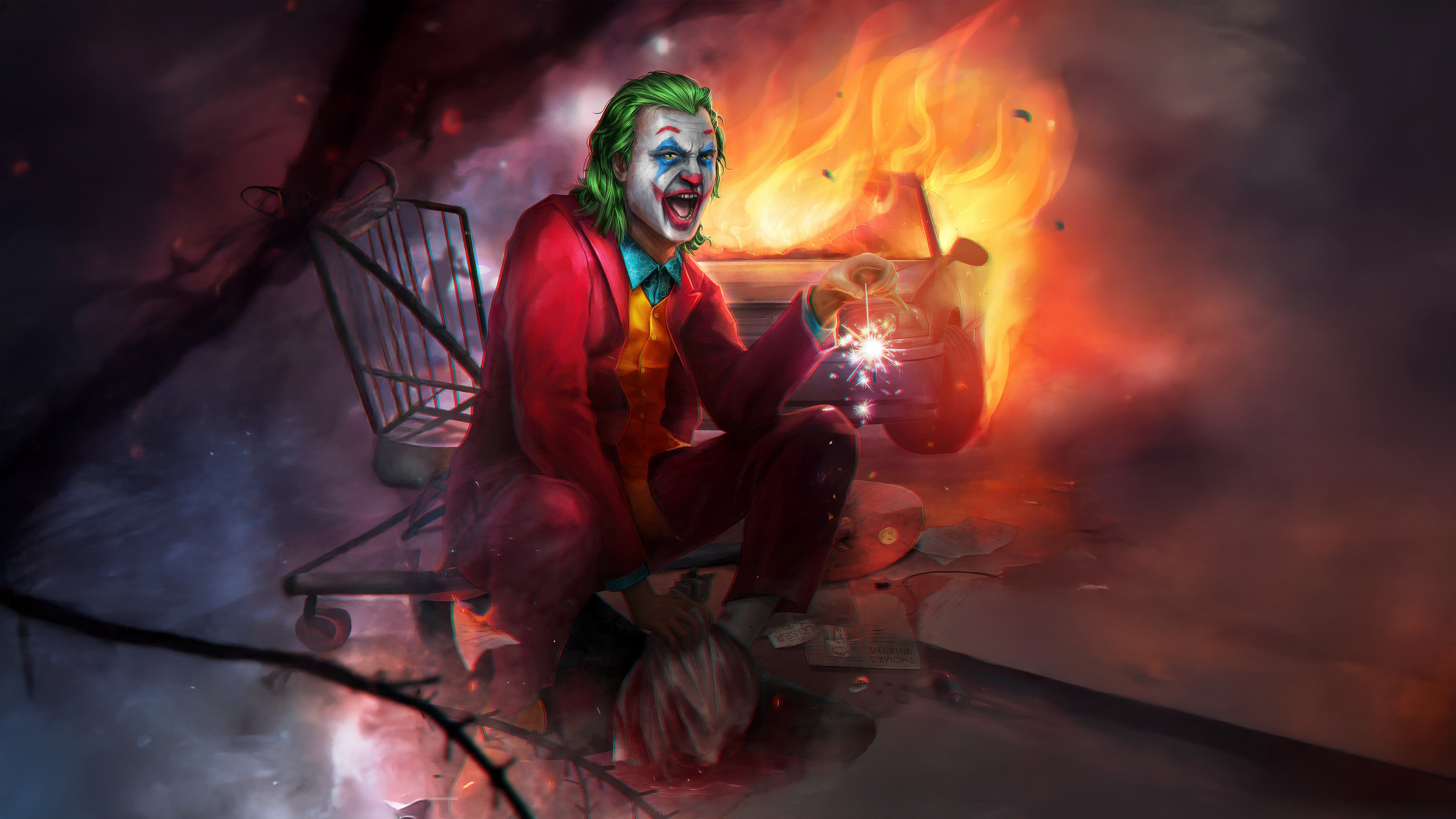 The Joker with a shopping cart and a burning car HD Wallpaper