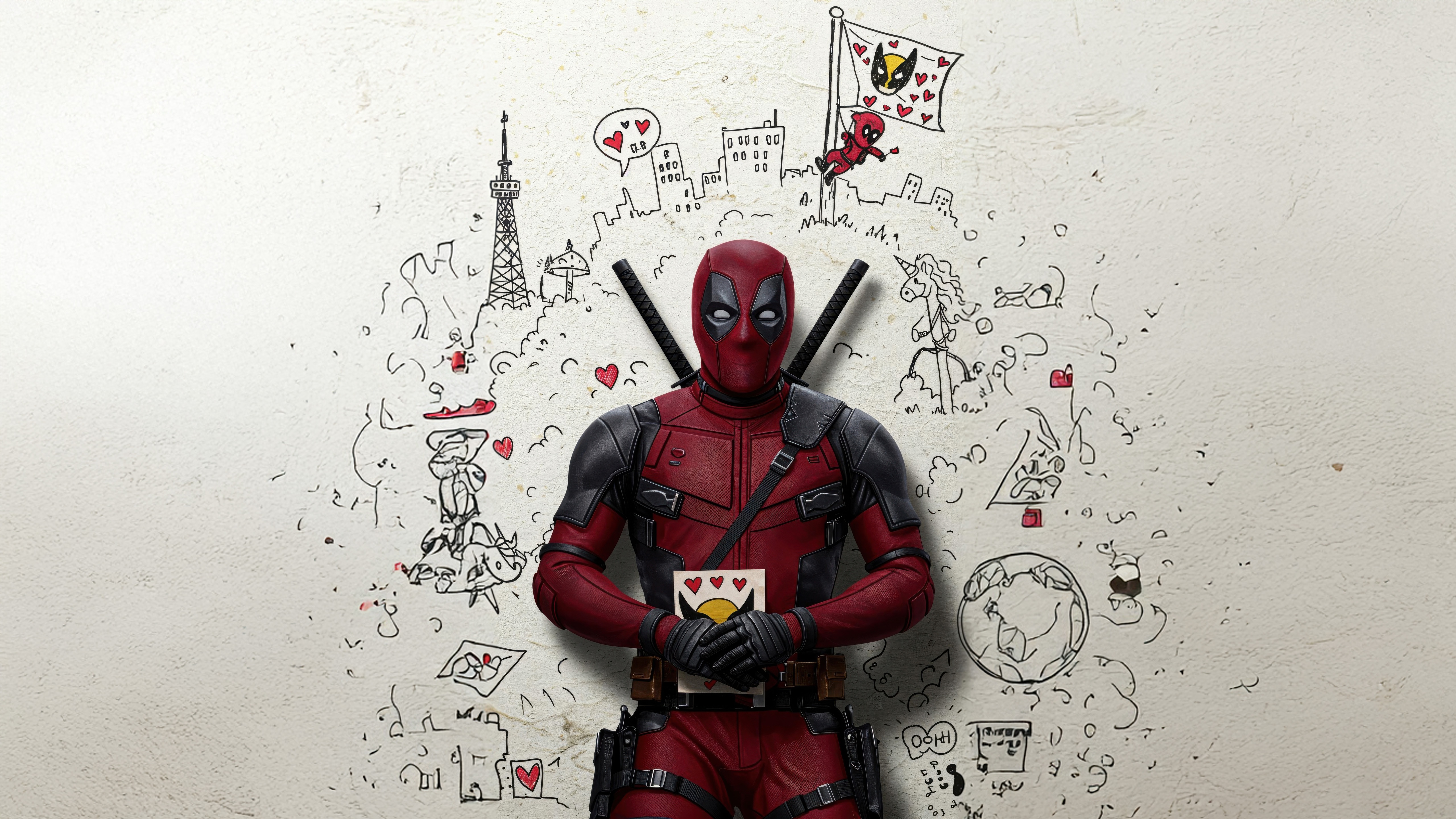 Deadpool holding a card with hearts HD Wallpaper