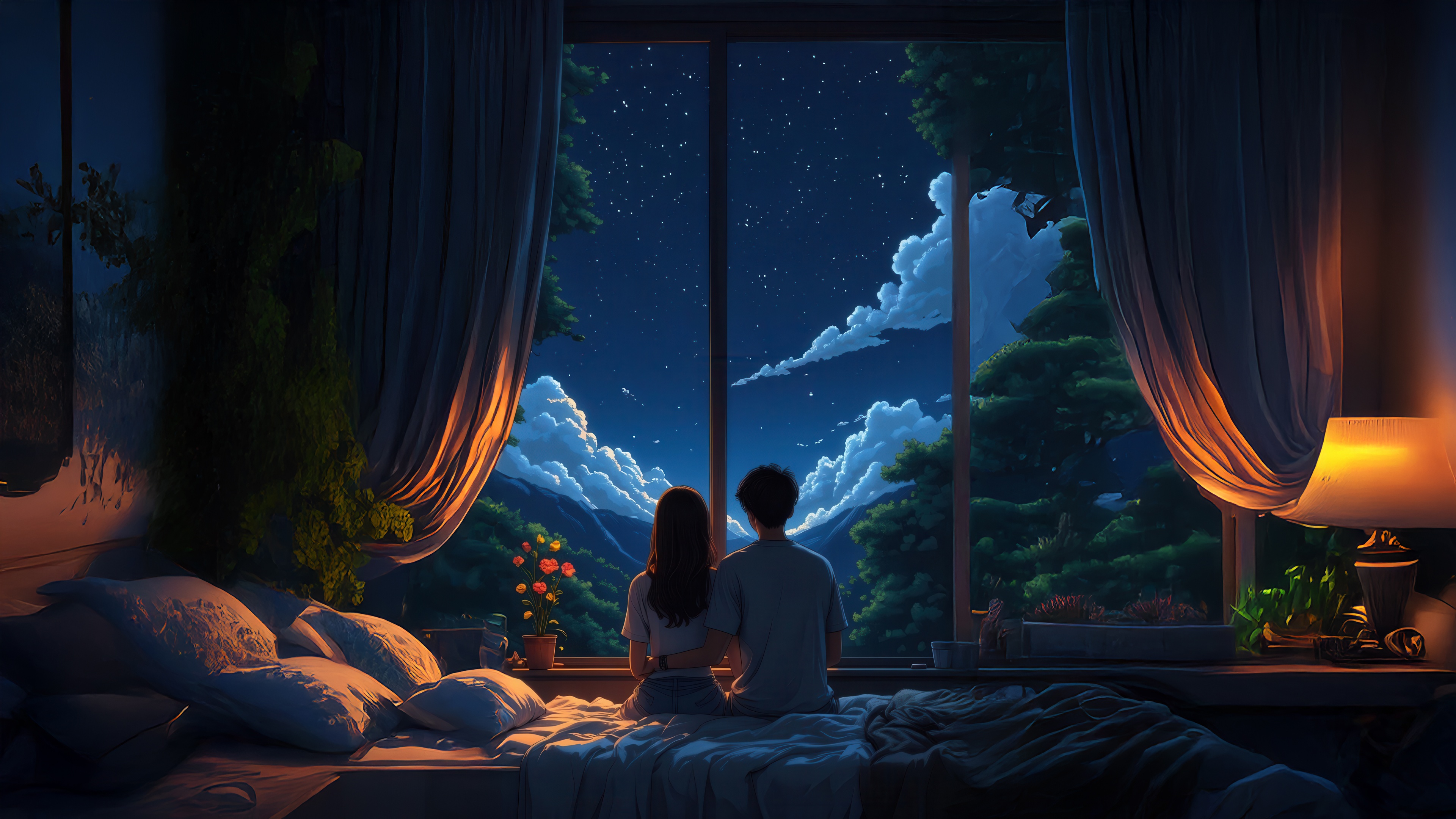 Couple Watching the Night Sky from a Bedroom HD Wallpaper