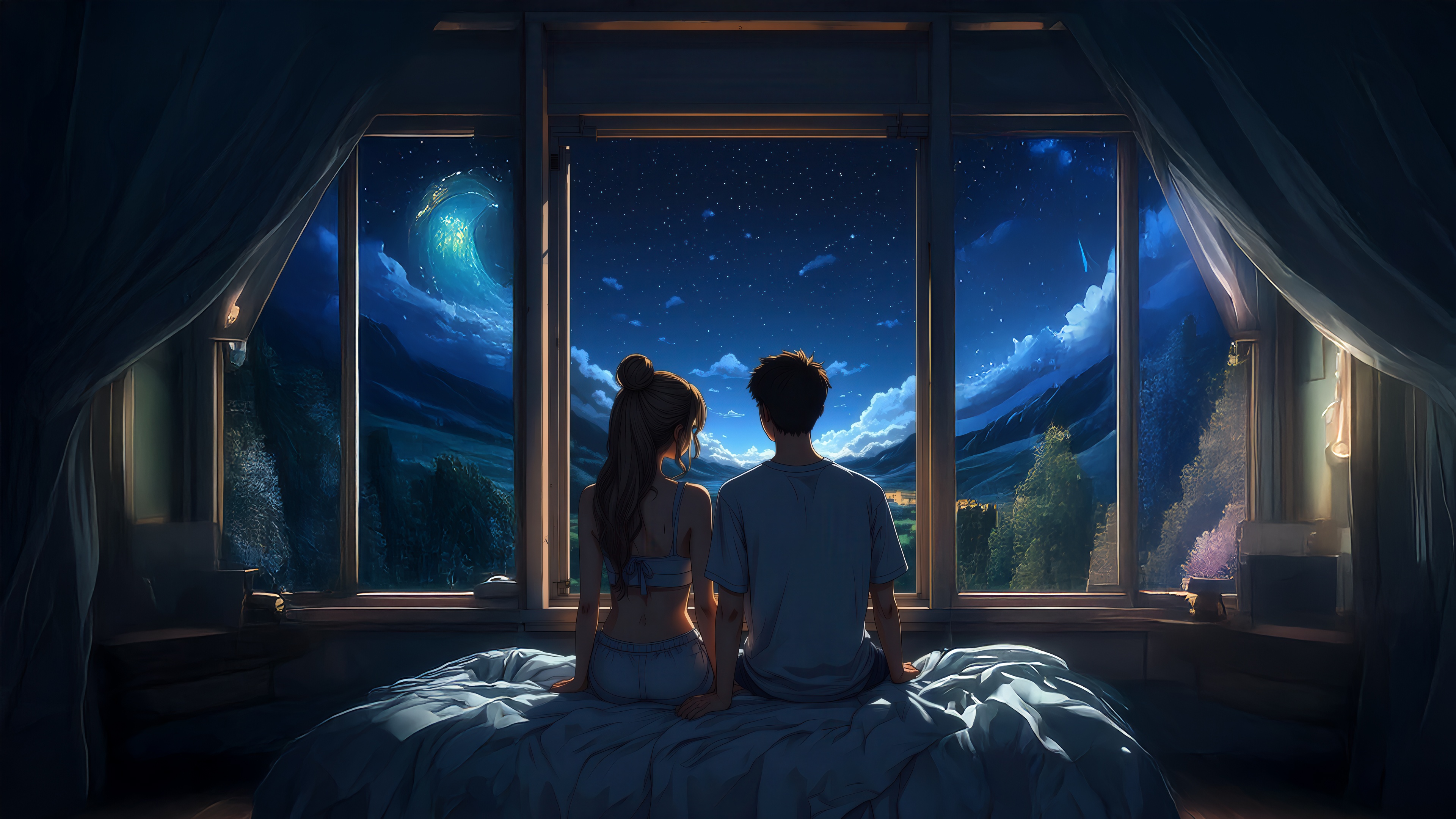 Couple watching a celestial wave at night HD Wallpaper