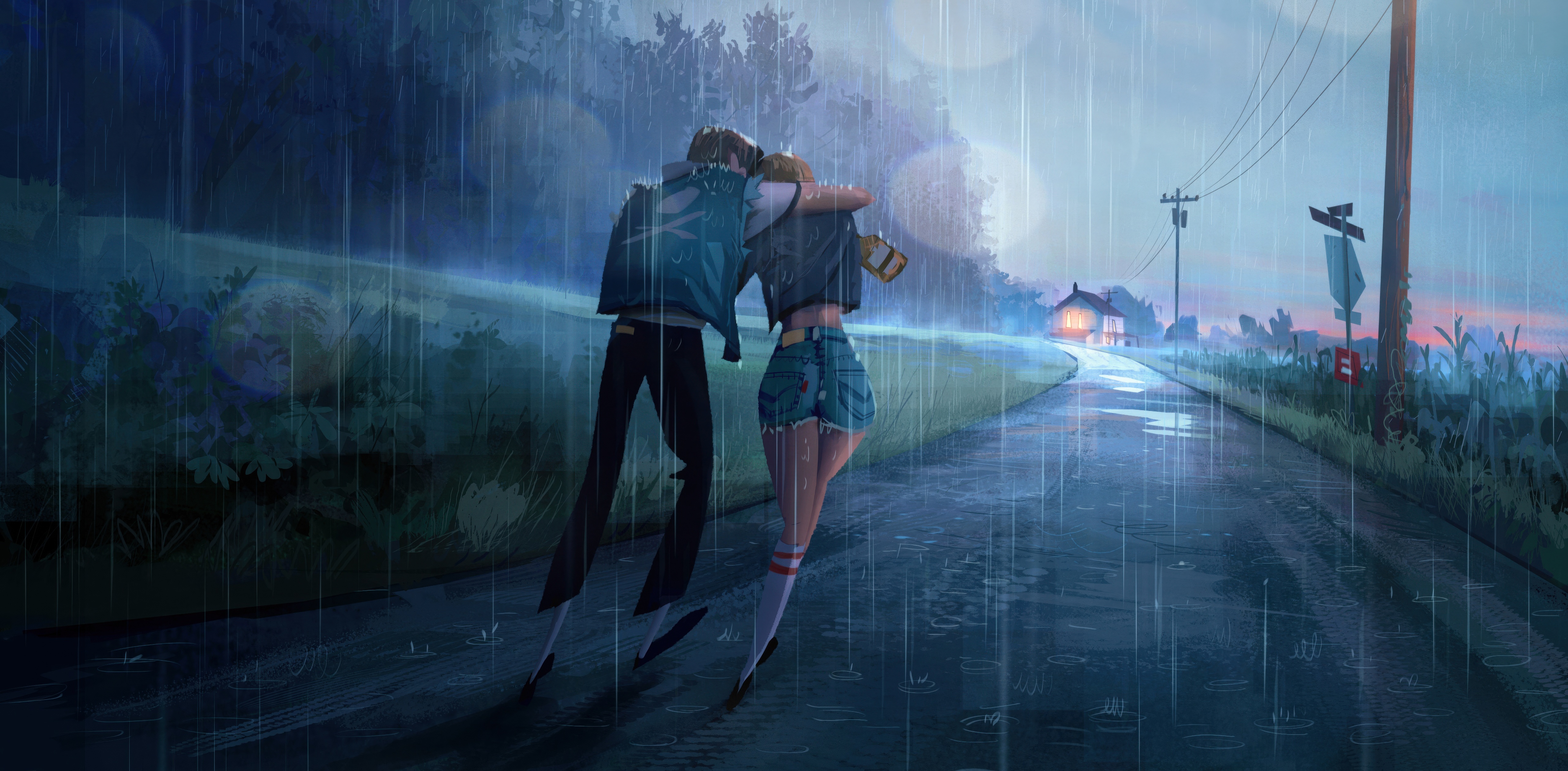Couple walking in the rain HD Wallpaper