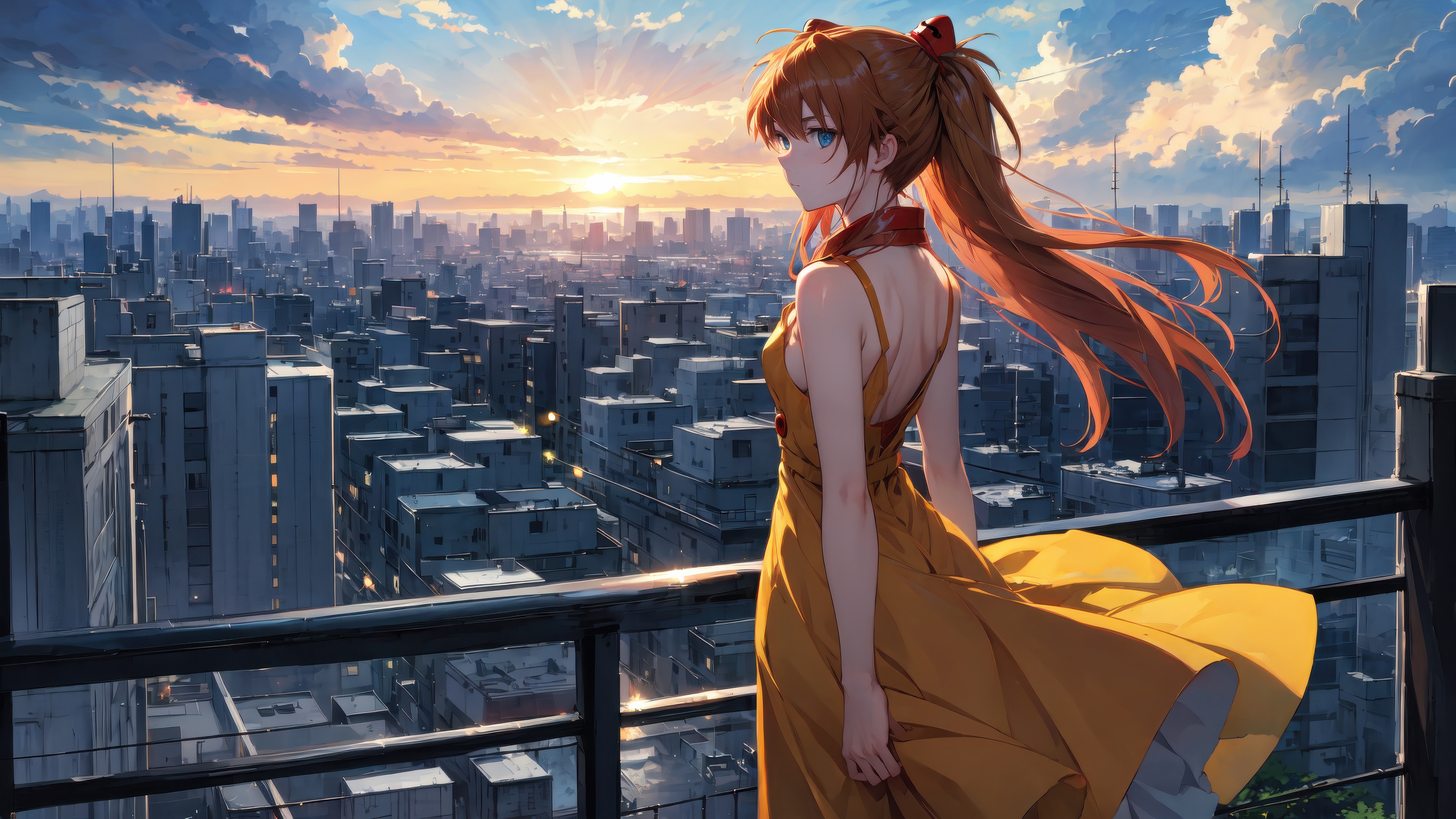 Asuka Langley Soryu overlooking a city at sunset HD Wallpaper