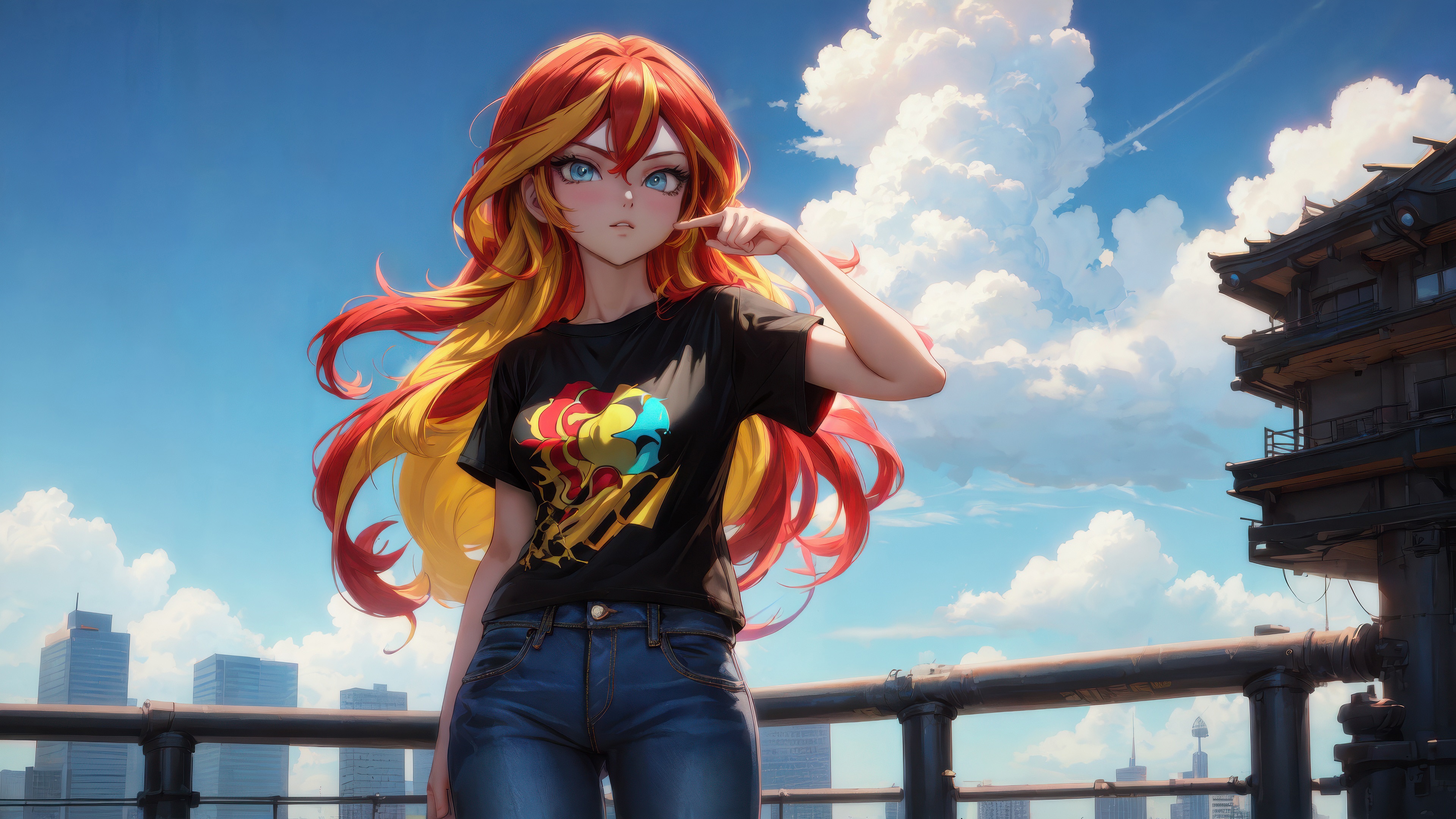 Anime girl with multi-colored hair on a rooftop HD Wallpaper