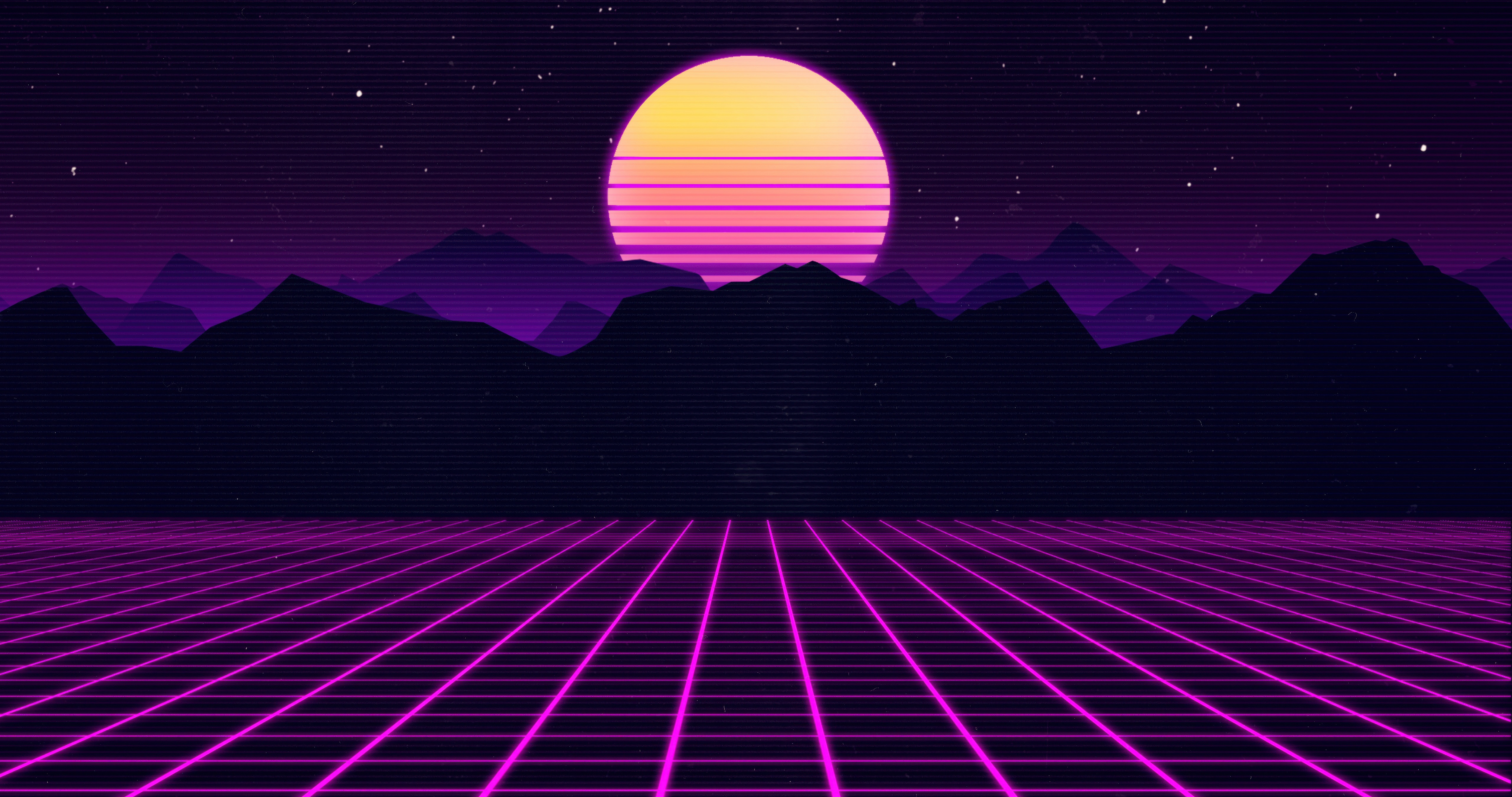 Retrowave Outrun Mountains and Grid Landscape HD Wallpaper
