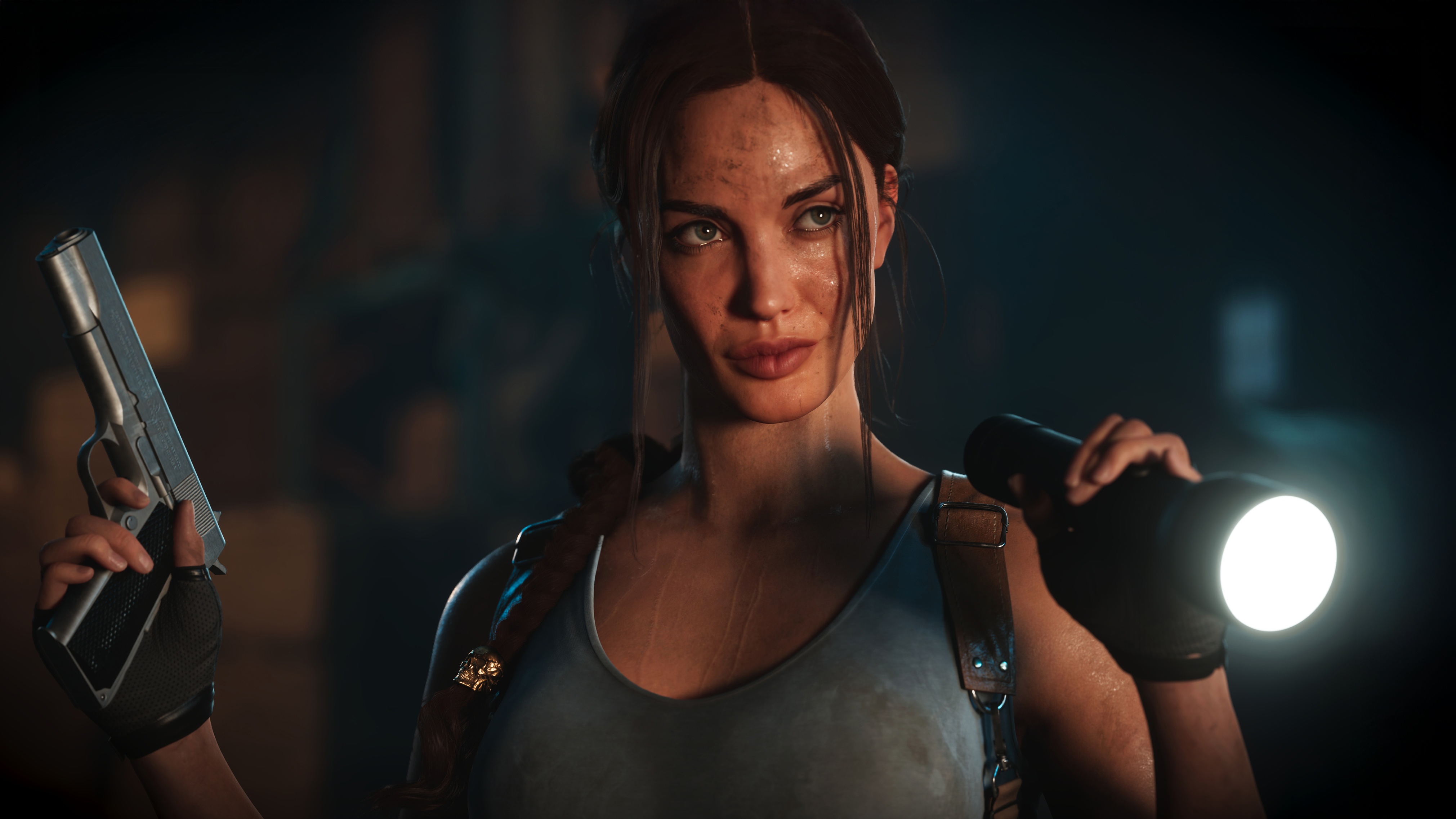 Lara Croft holding a gun and flashlight HD Wallpaper