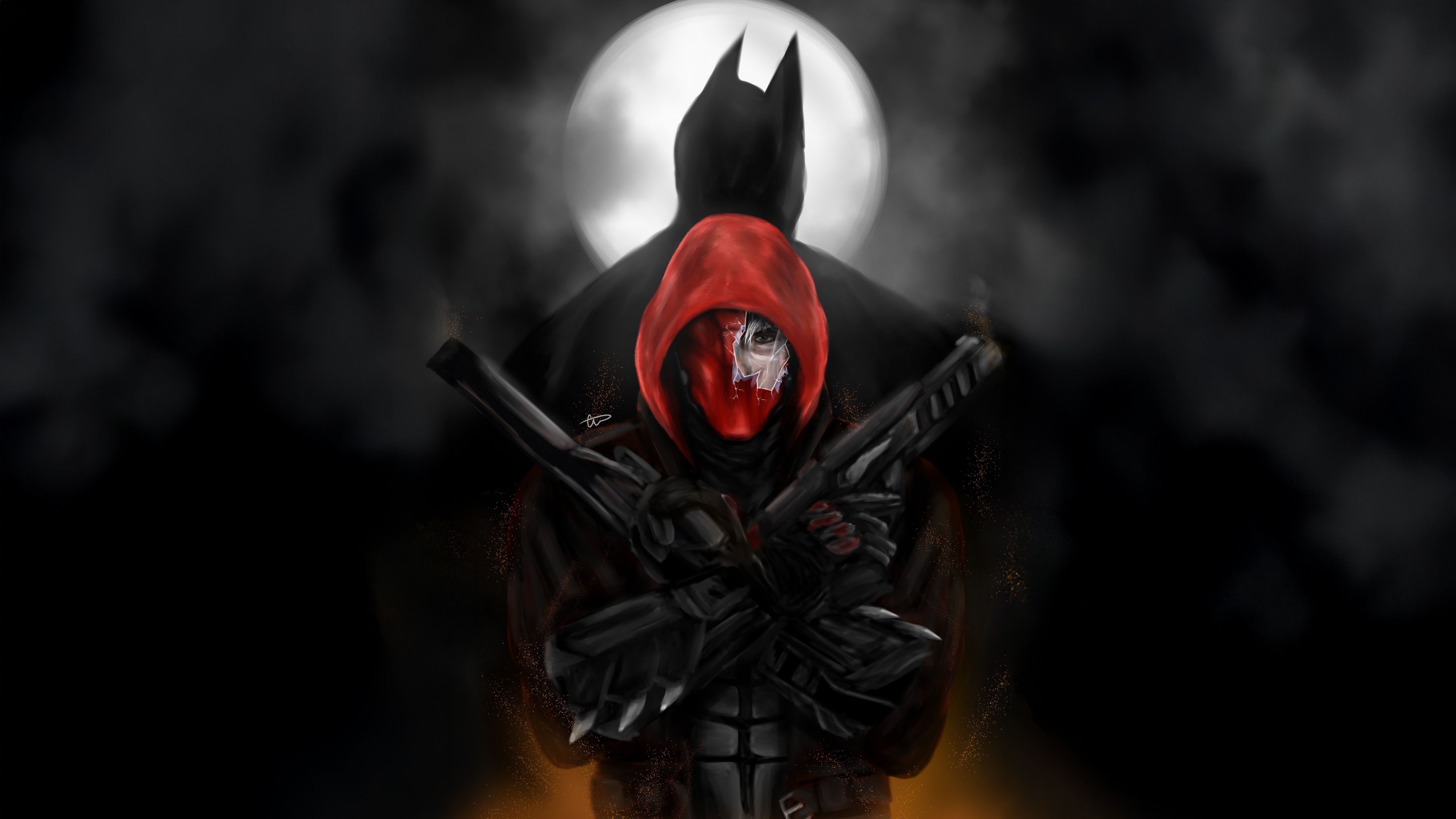 Red Hood and Batman silhouette against the moon HD Wallpaper