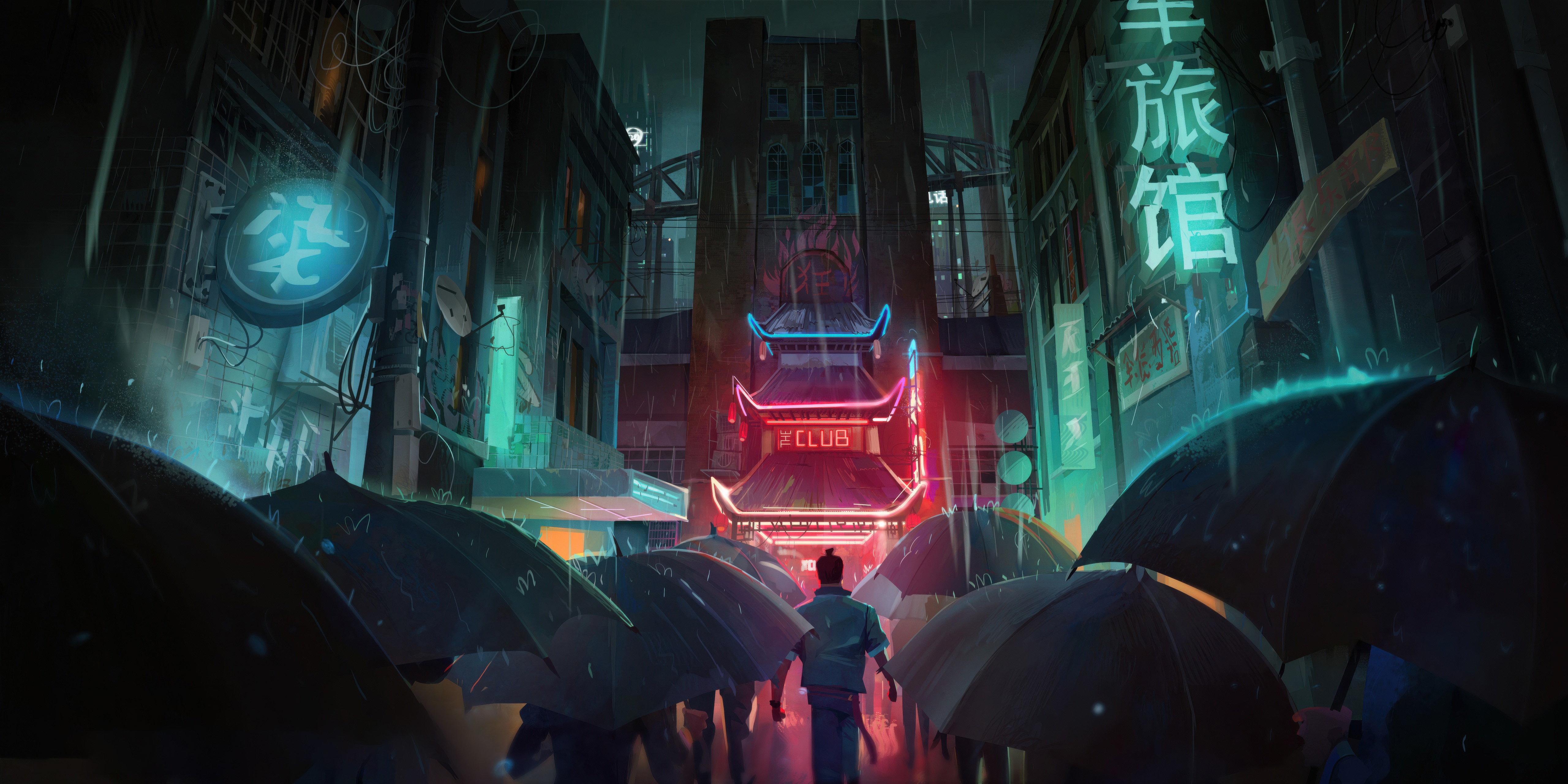 A man walks through a rainy neon-lit Asian city street. HD Wallpaper