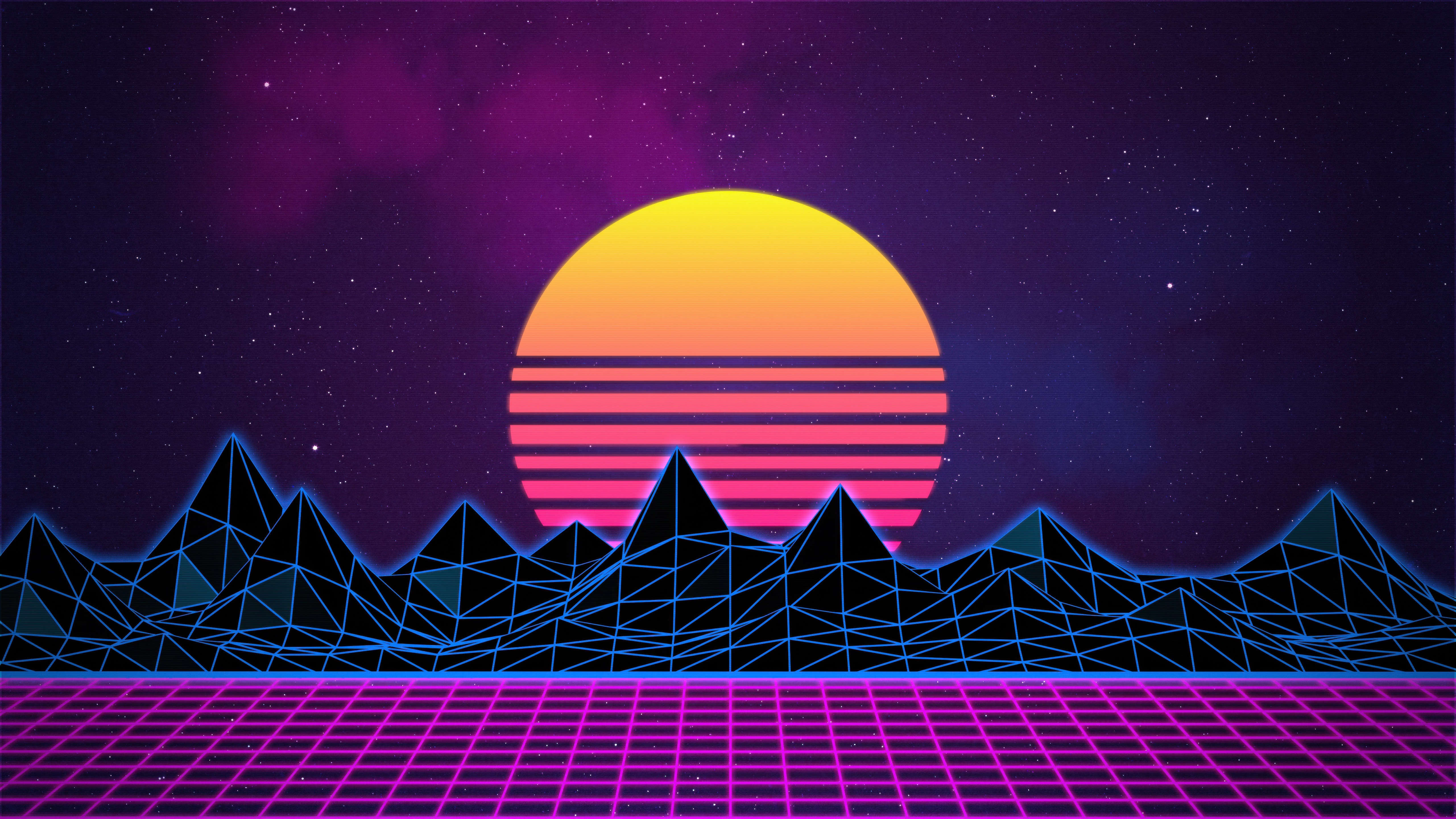 Retrowave Neon 80s Vibe Sunset Mountains Grid HD Wallpaper