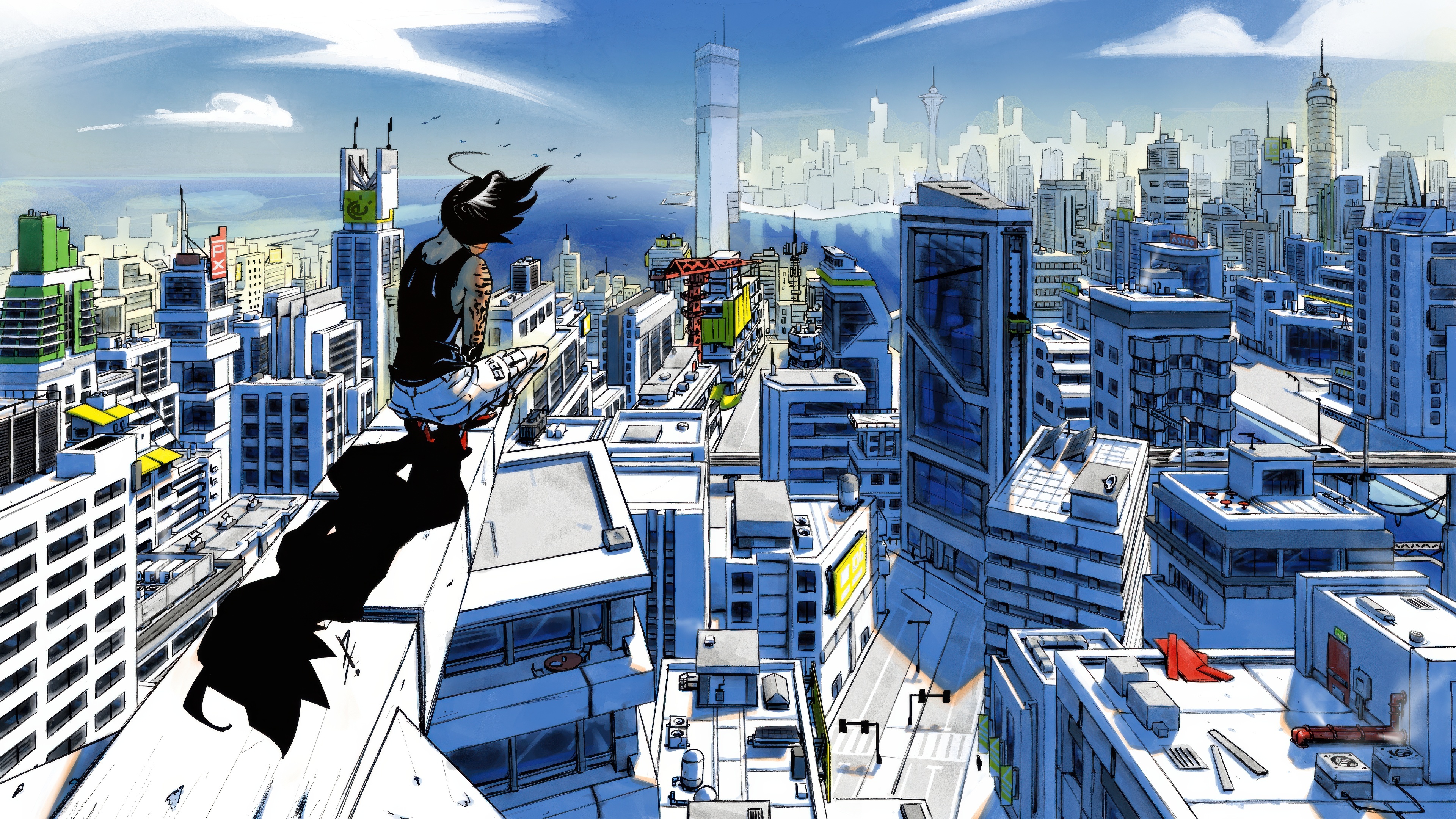 Faith Connors overlooks a futuristic city from a rooftop HD Wallpaper
