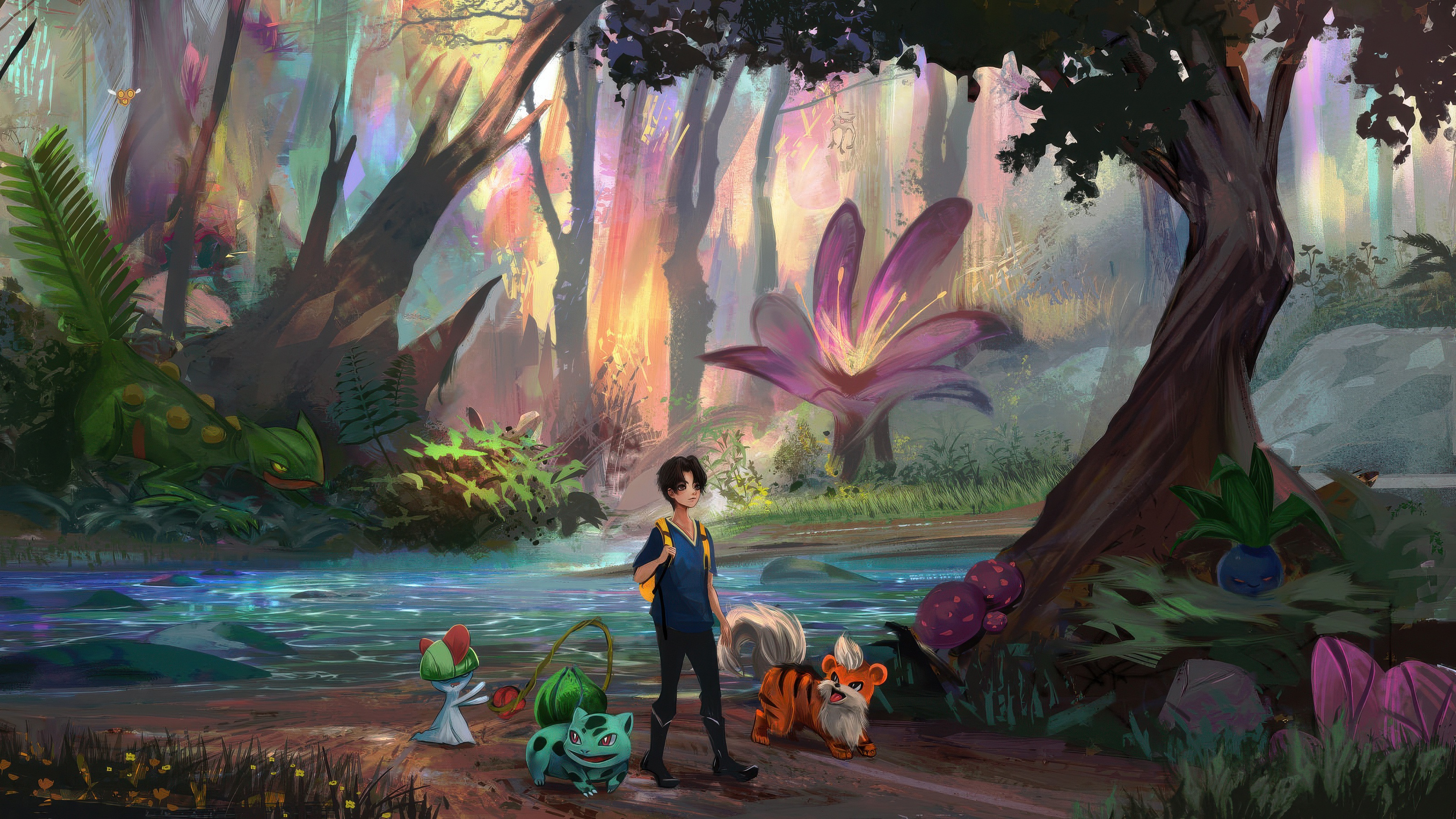 Ash and his Pokemon squad in a magical forest HD Wallpaper