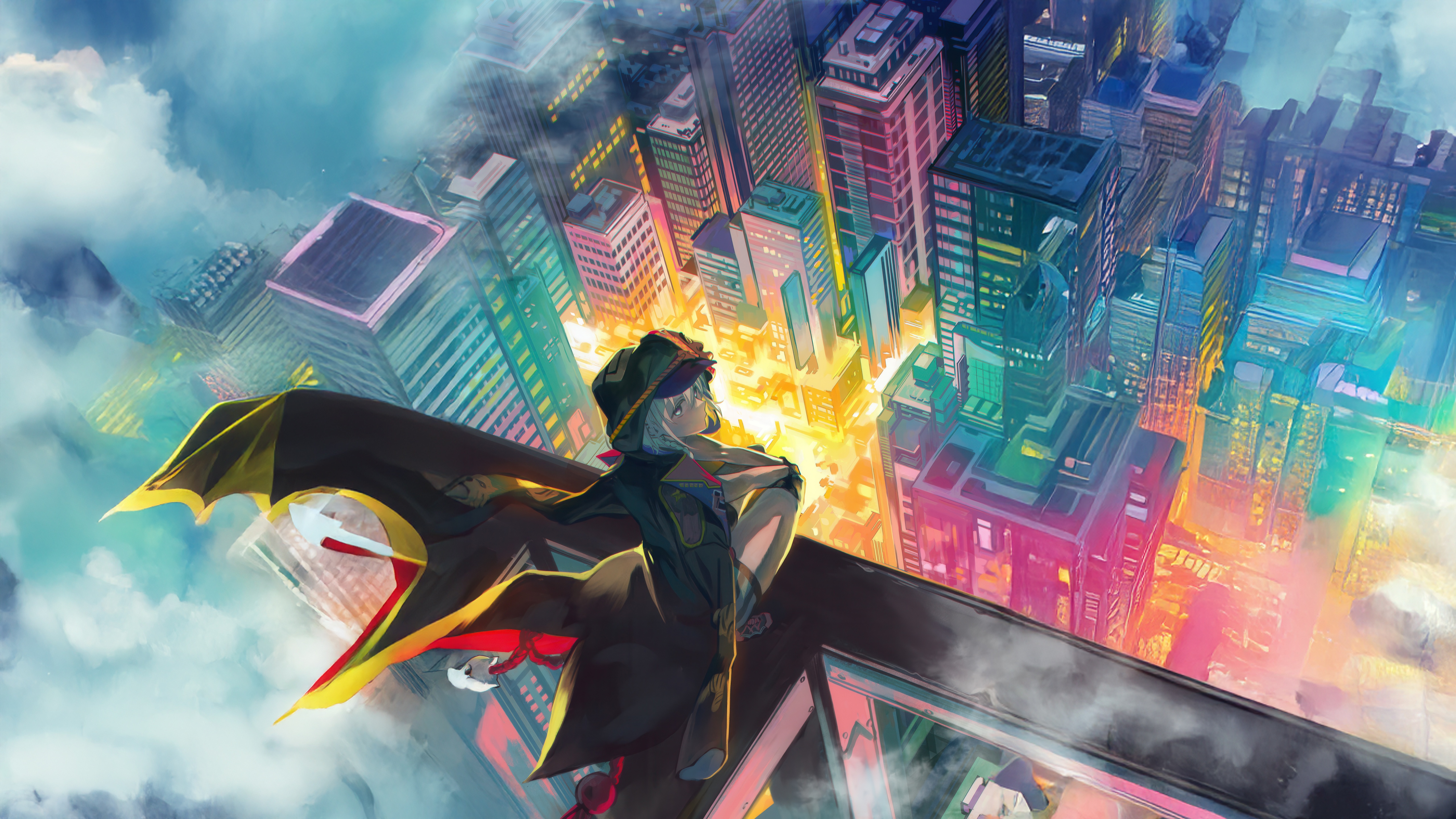 Girl in cape watching over a colorful city at night HD Wallpaper