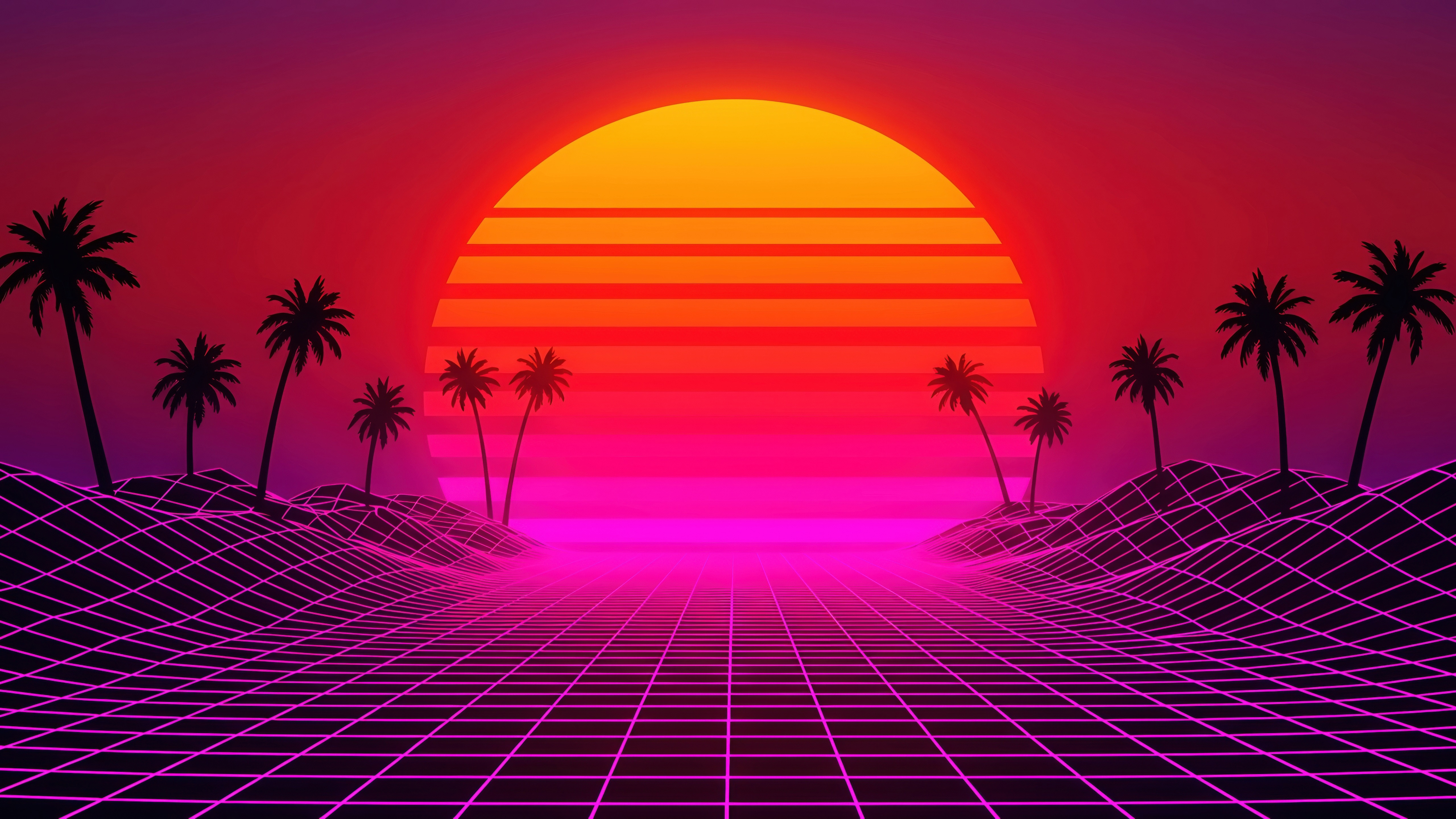 Retrowave Grid Sunset with Palm Trees HD Wallpaper