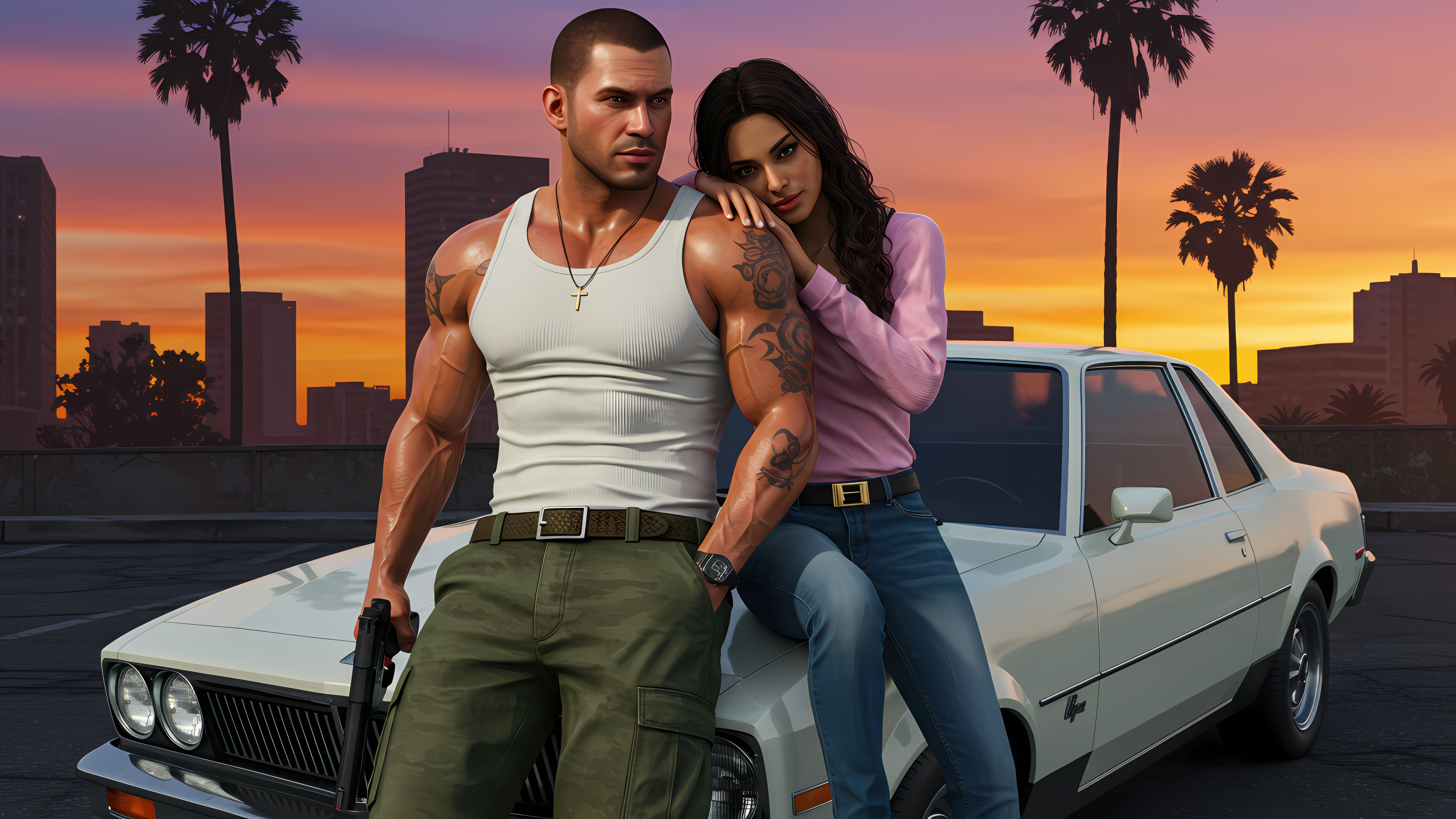 Couple posing with a car in GTA VI style HD Wallpaper