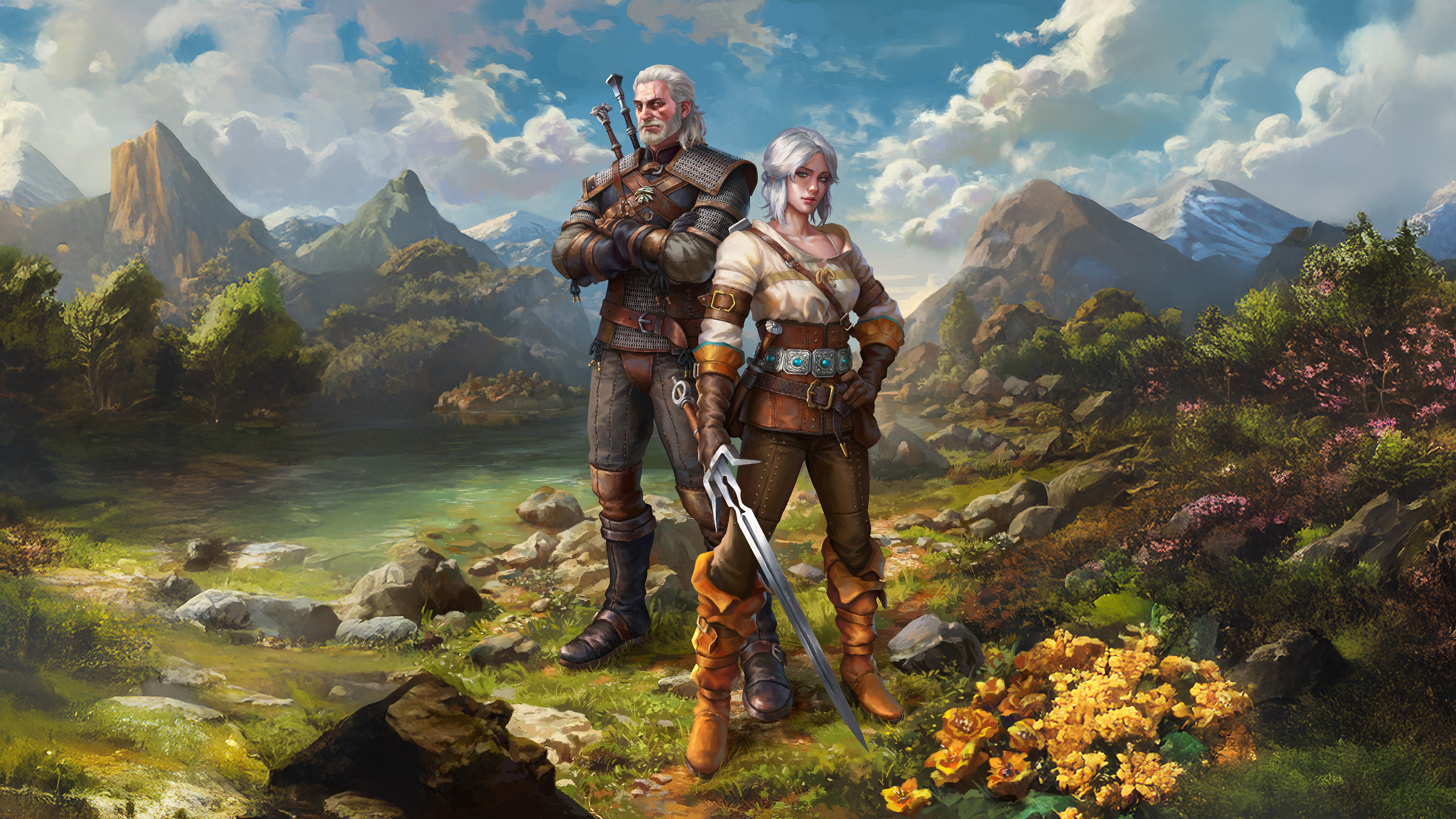 Geralt and Ciri in a mountain landscape HD Wallpaper
