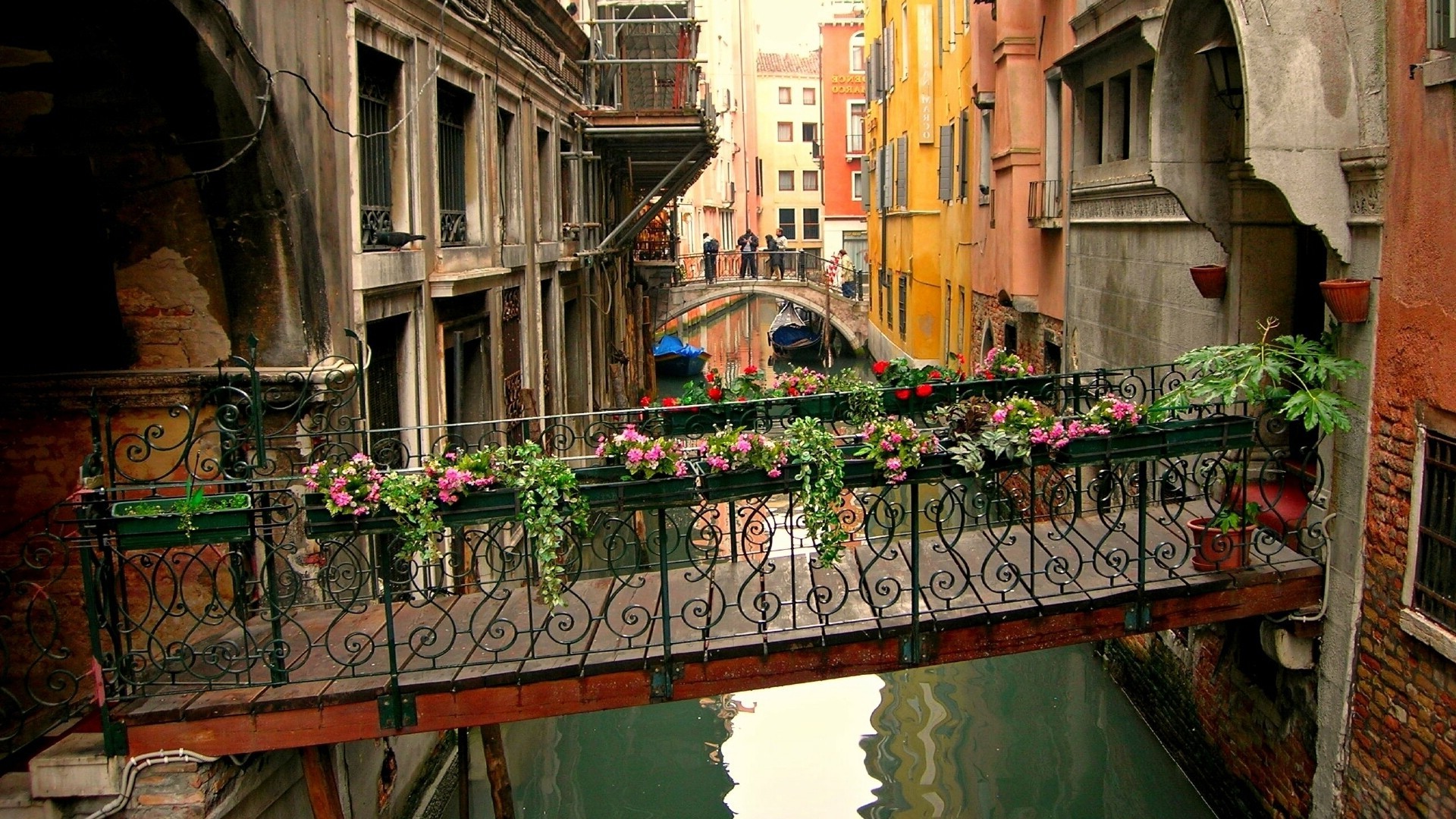 Venice Canal with Bridge and Flowers HD Wallpaper