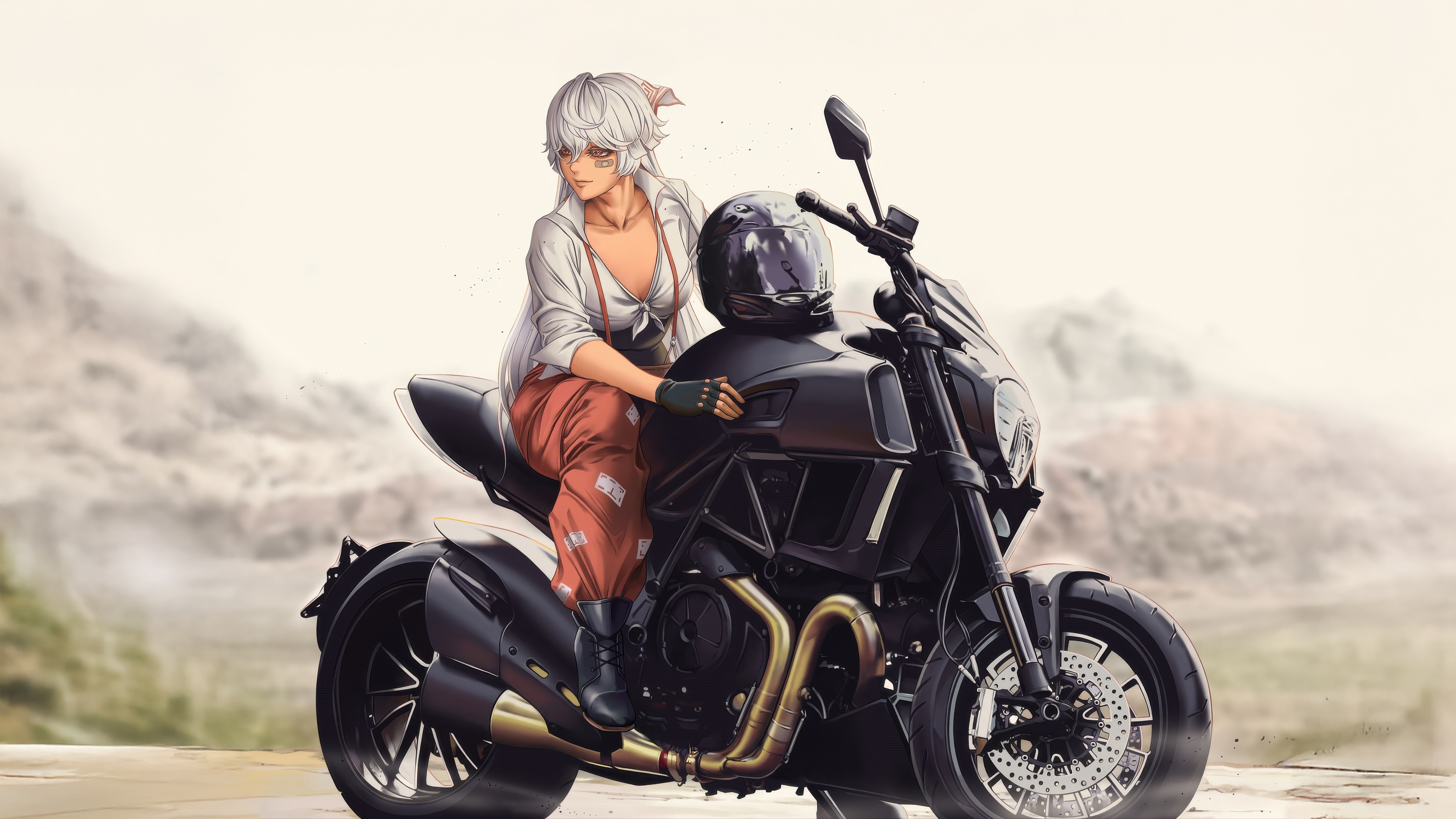 Woman on a motorcycle with mountains in the background HD Wallpaper