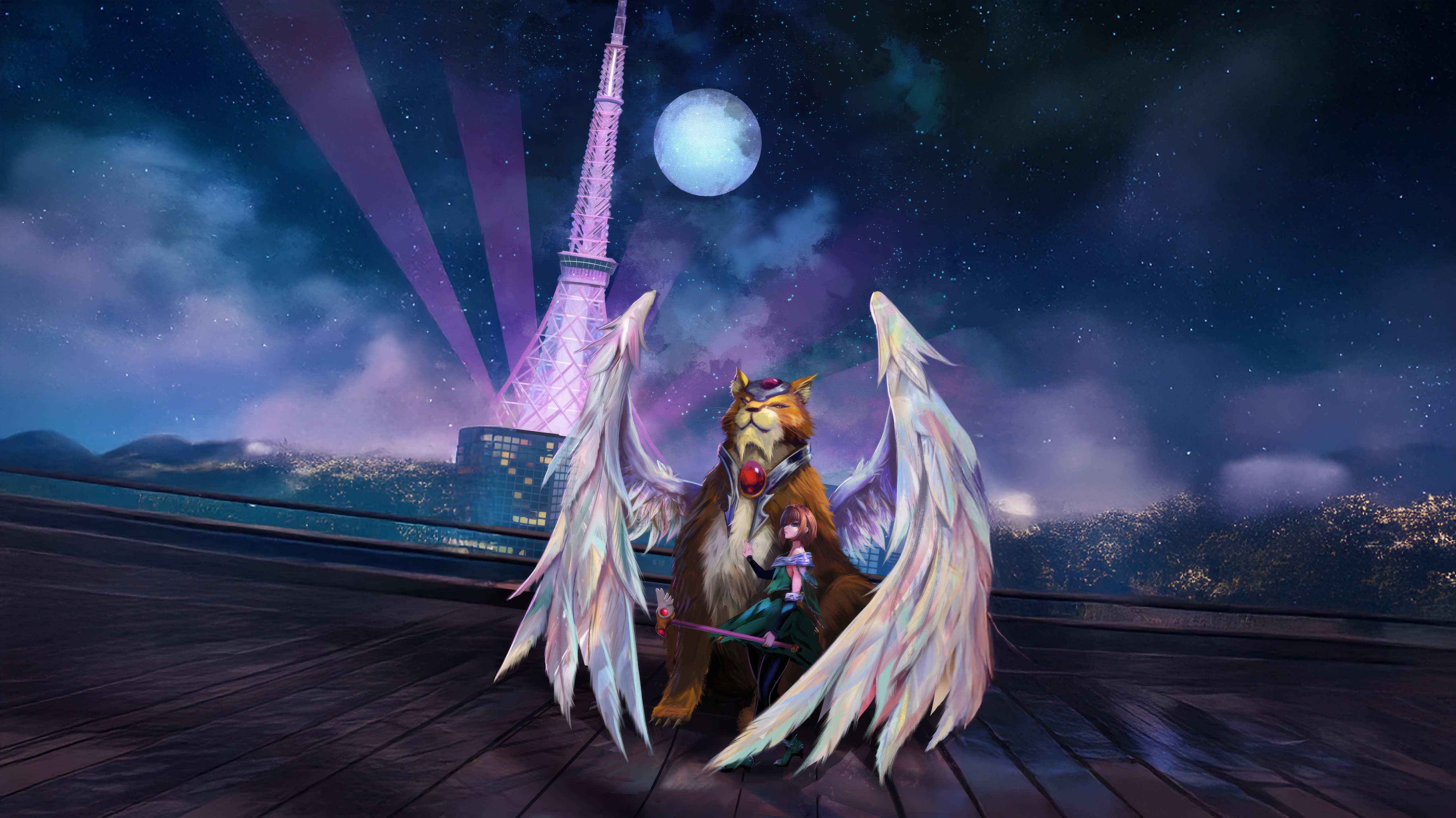 Sakura Kinomoto and Winged Beast in Tokyo at Night HD Wallpaper
