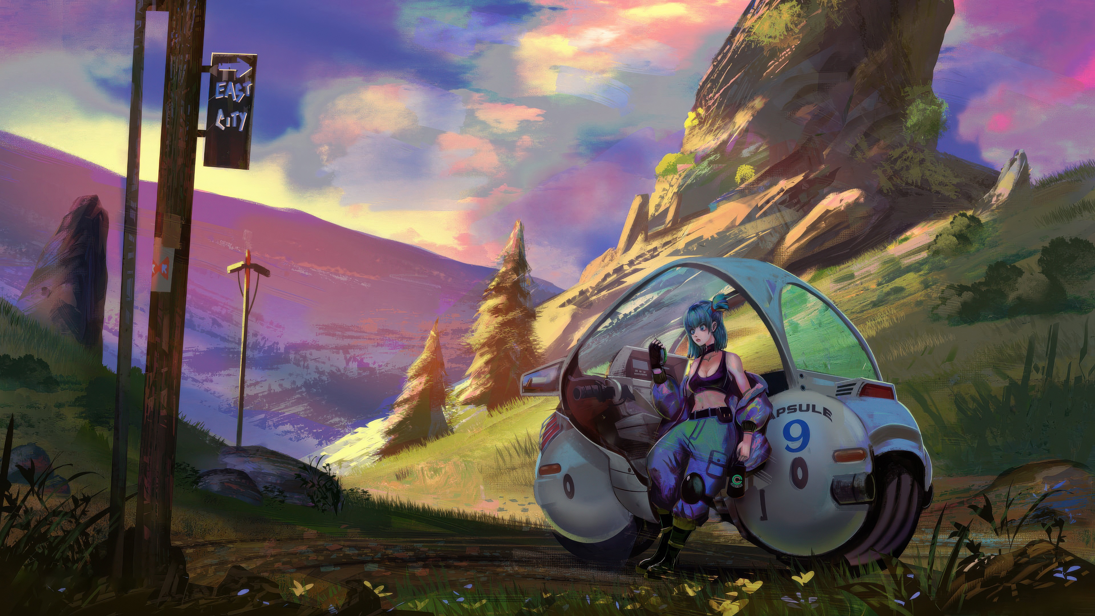 Bulma's Capsule Corp. Car on a Scenic Road HD Wallpaper
