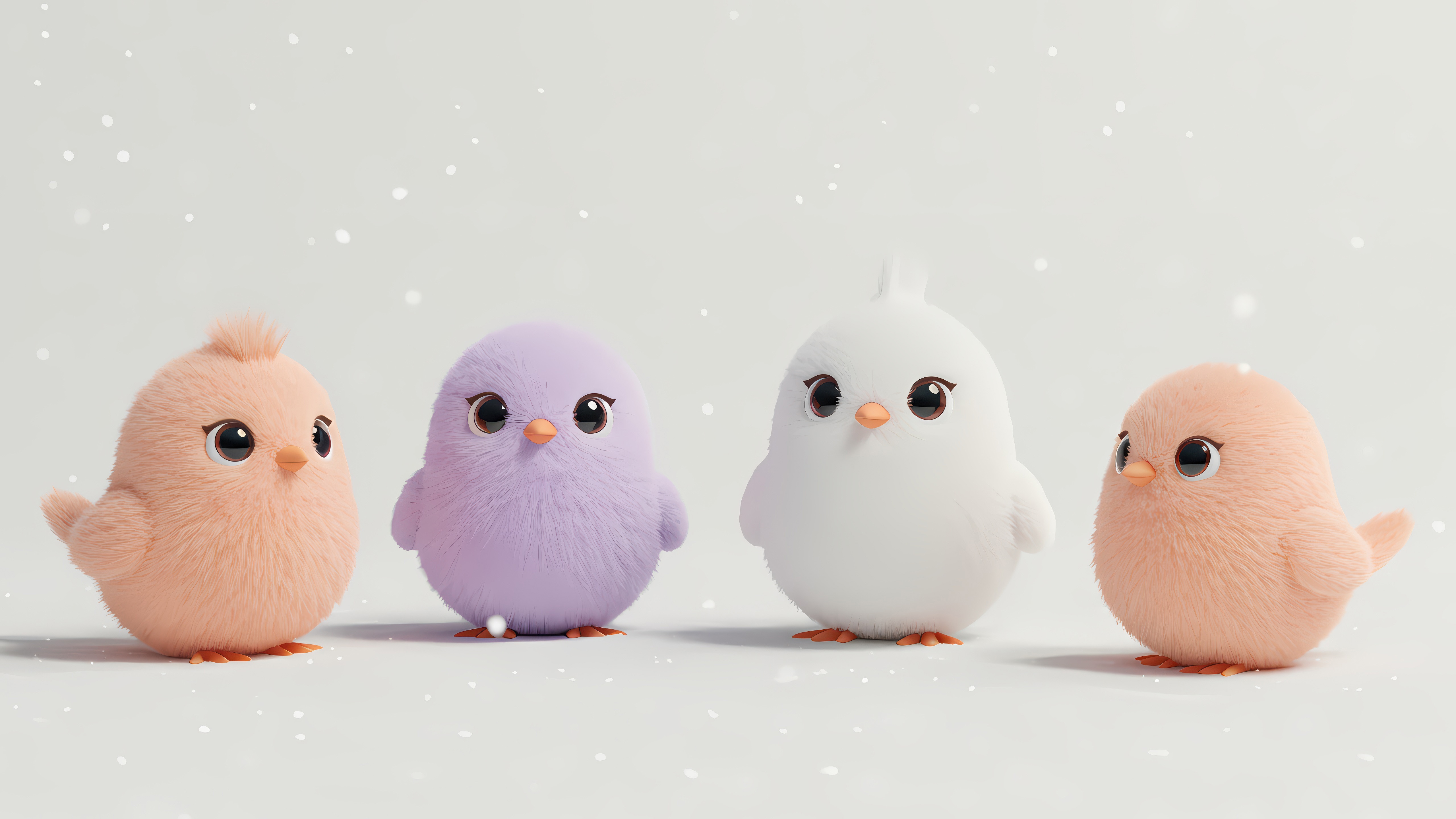 Four fluffy cartoon birds in pastel colors HD Wallpaper