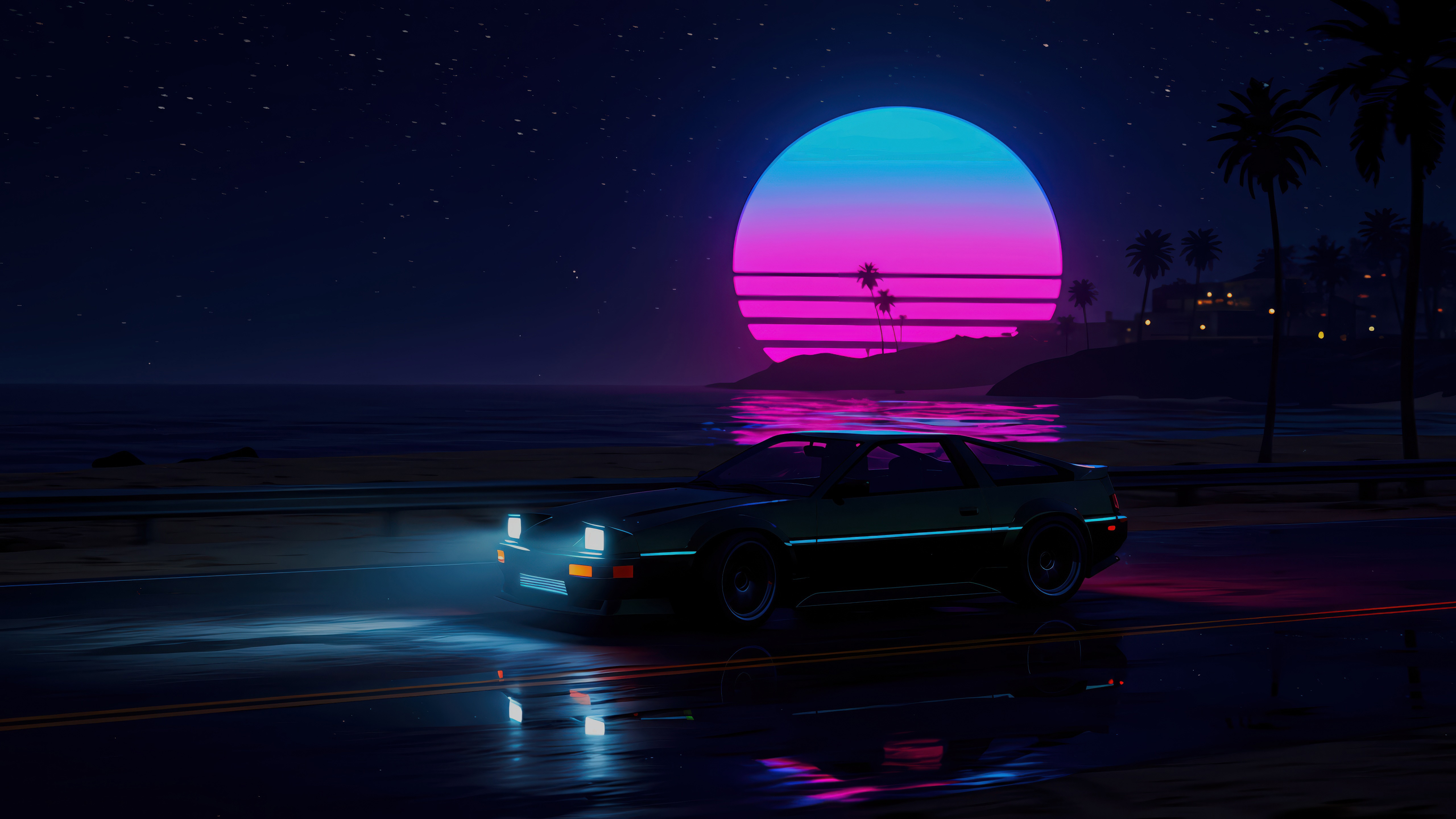 Retro car drives on a wet road at night with a neon sunset HD Wallpaper
