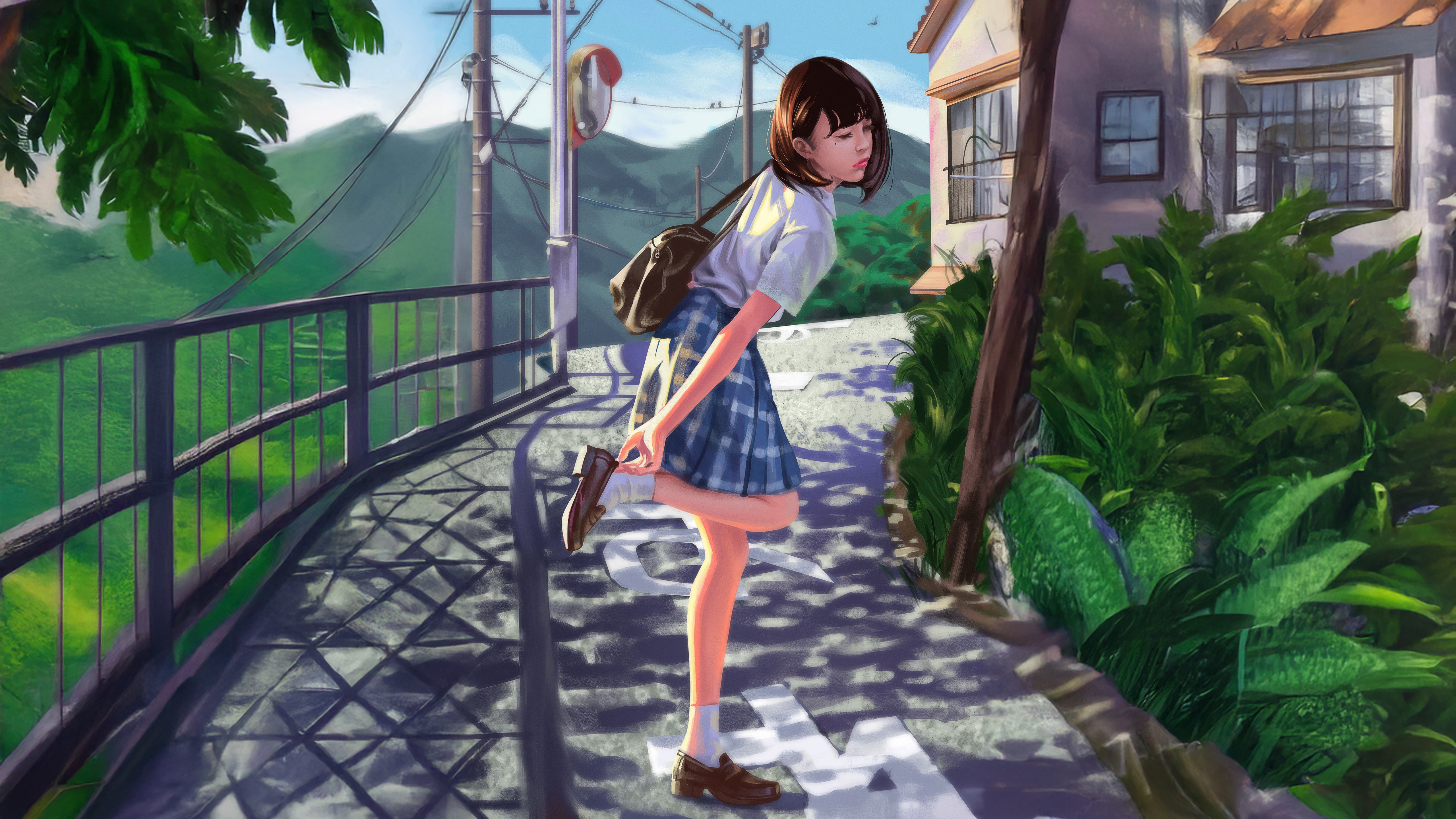 A School Girl on Her Way to School HD Wallpaper