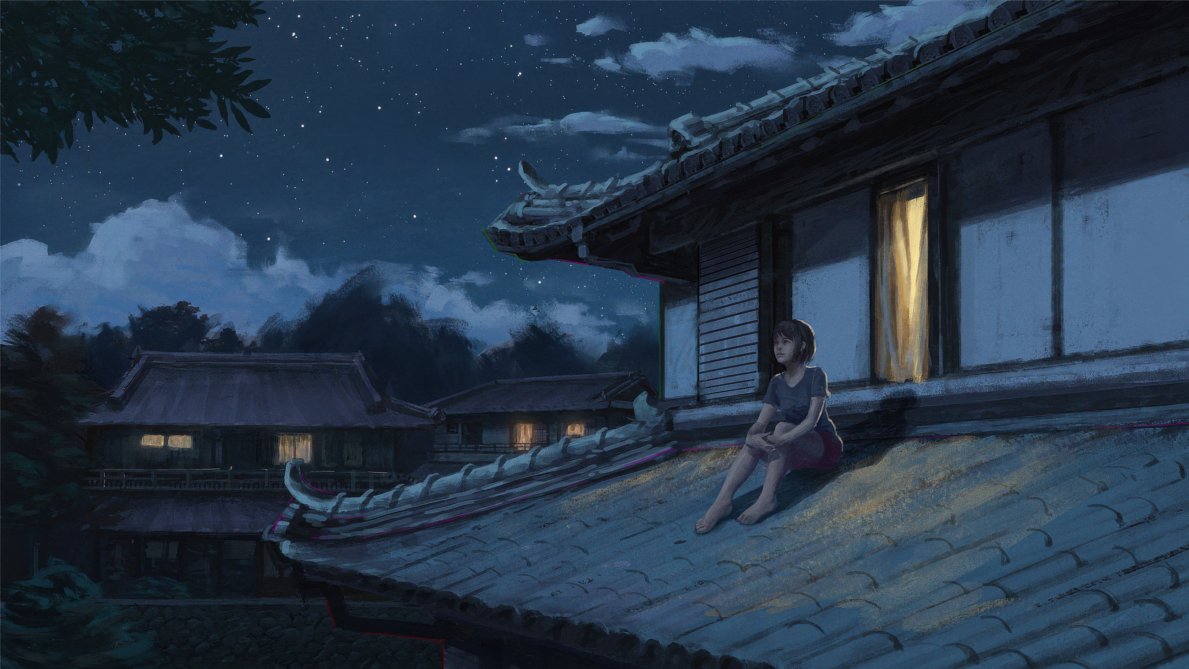 A Girl Sits on a Rooftop Under the Night Sky HD Wallpaper