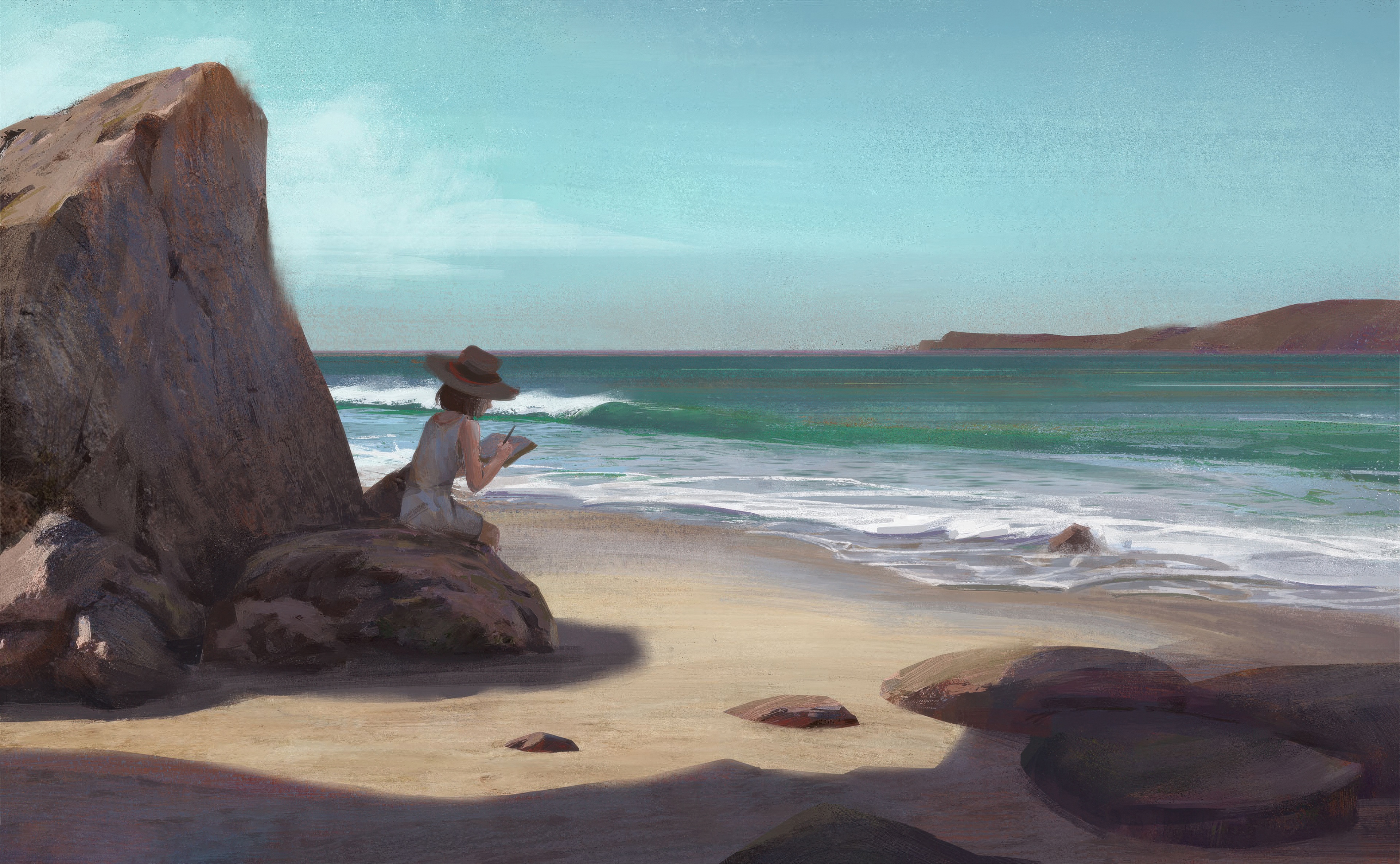 Girl Painting by the Ocean HD Wallpaper