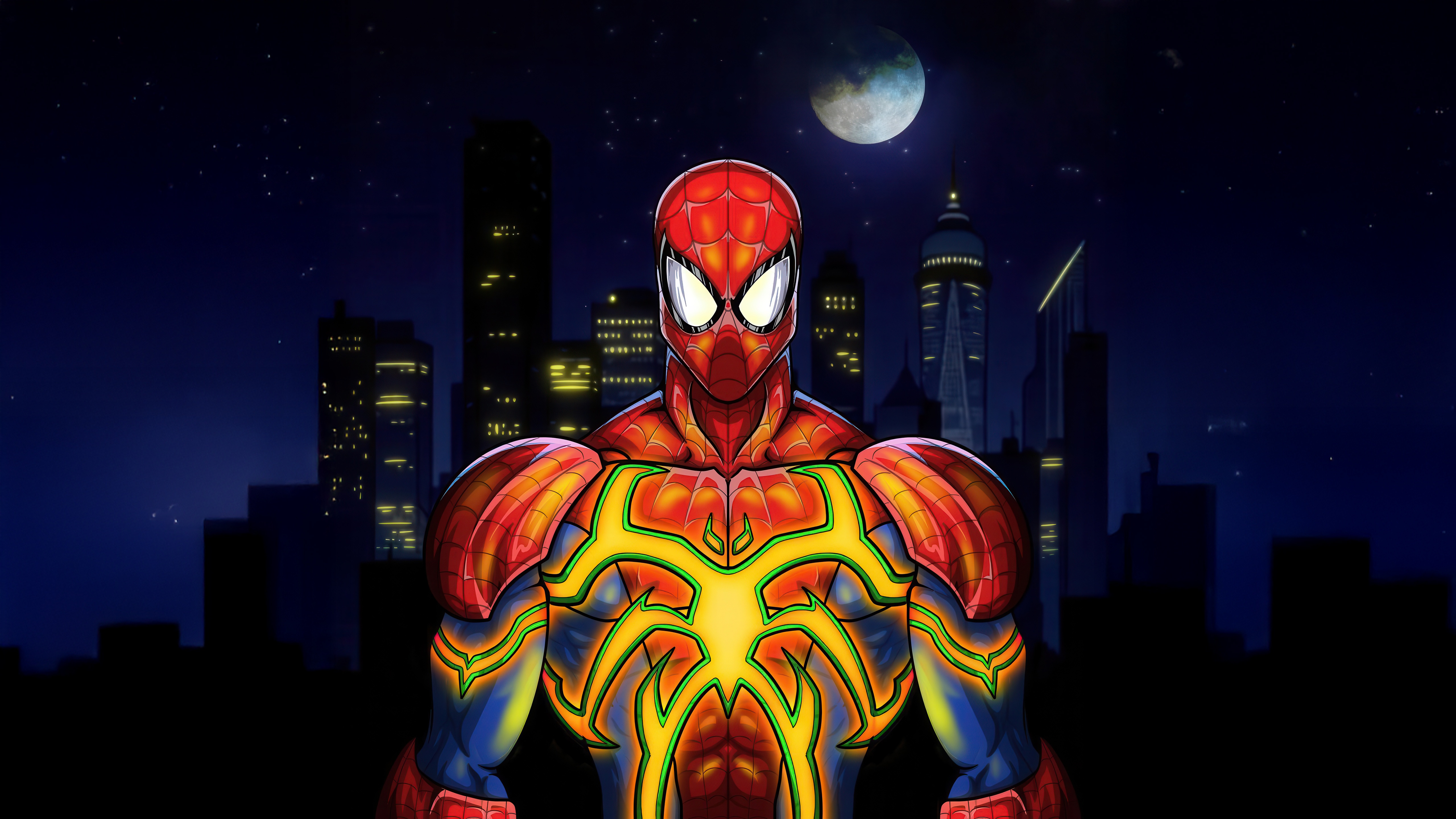 Spiderman standing in a city at night HD Wallpaper