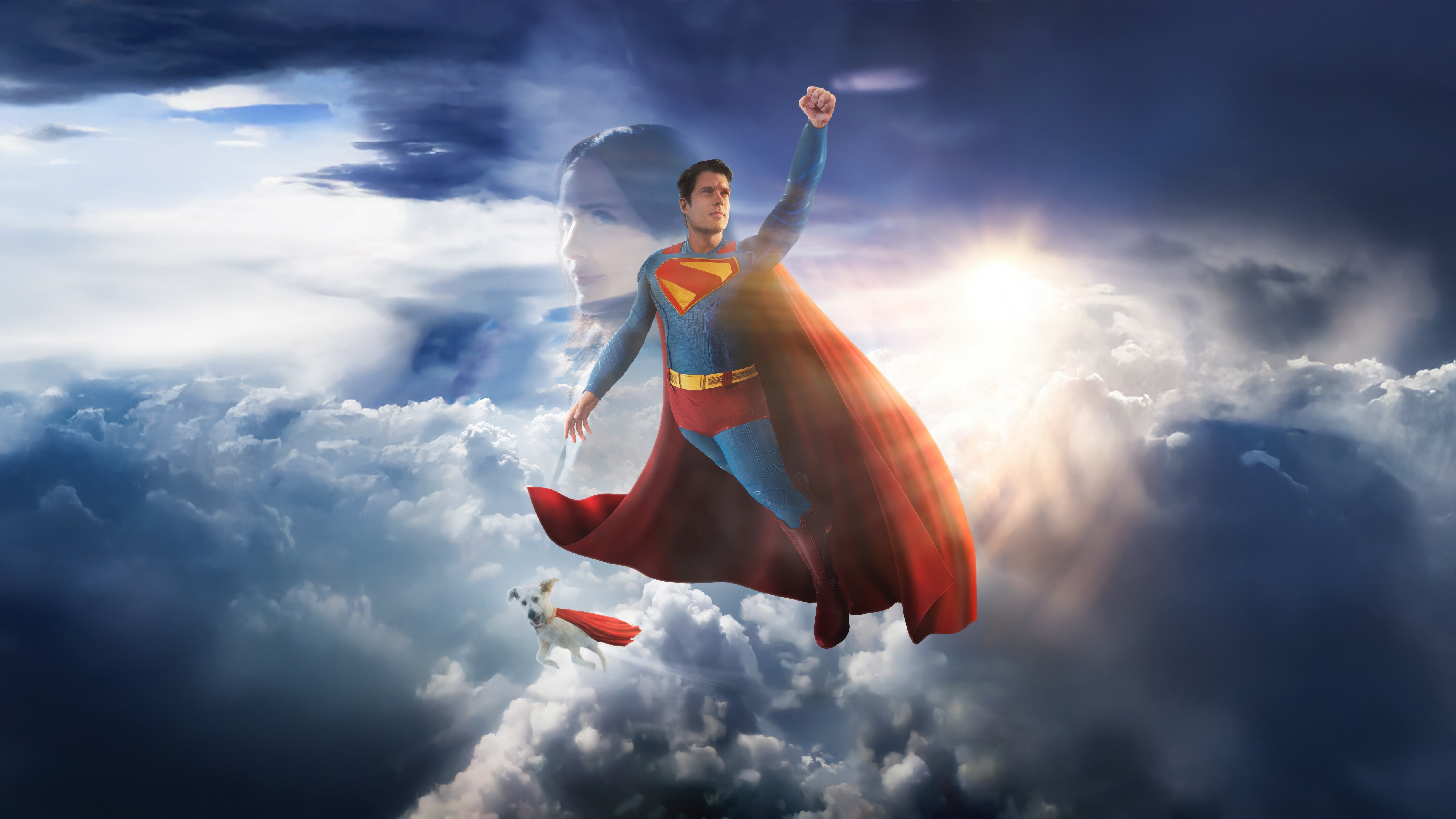 Superman and Krypto flying through clouds HD Wallpaper