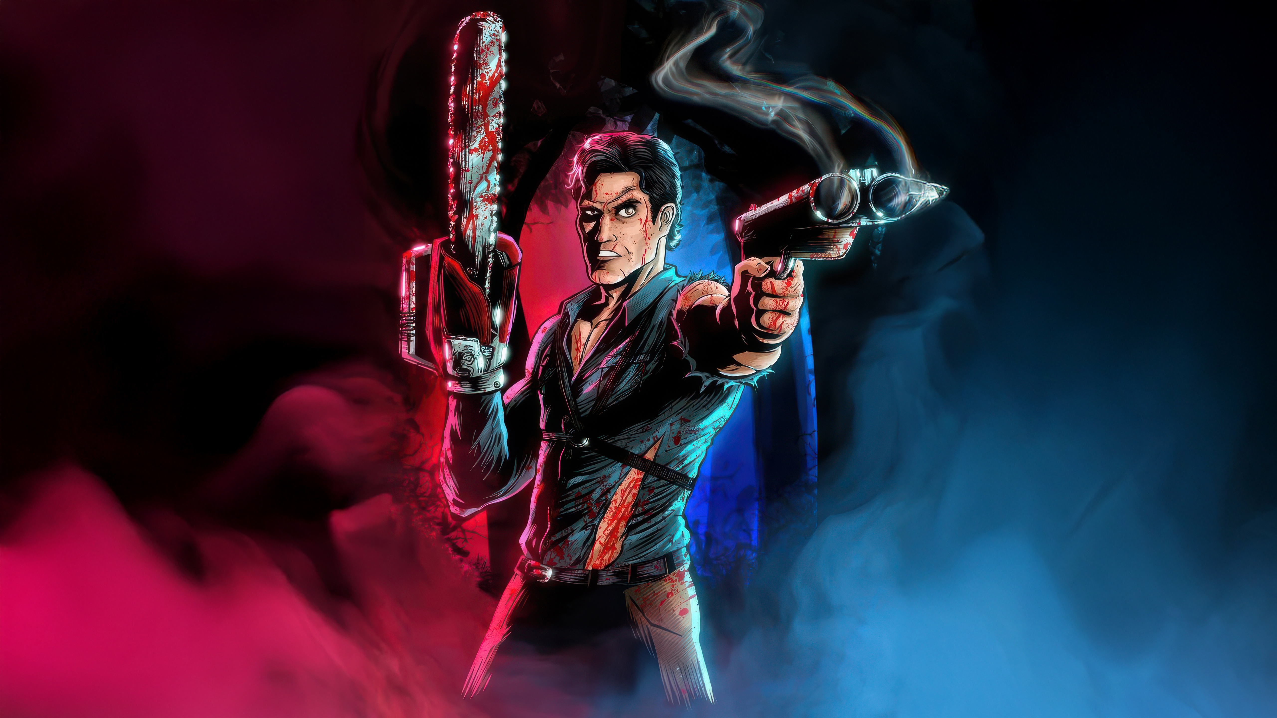 Ash Williams with Chainsaw and Shotgun HD Wallpaper