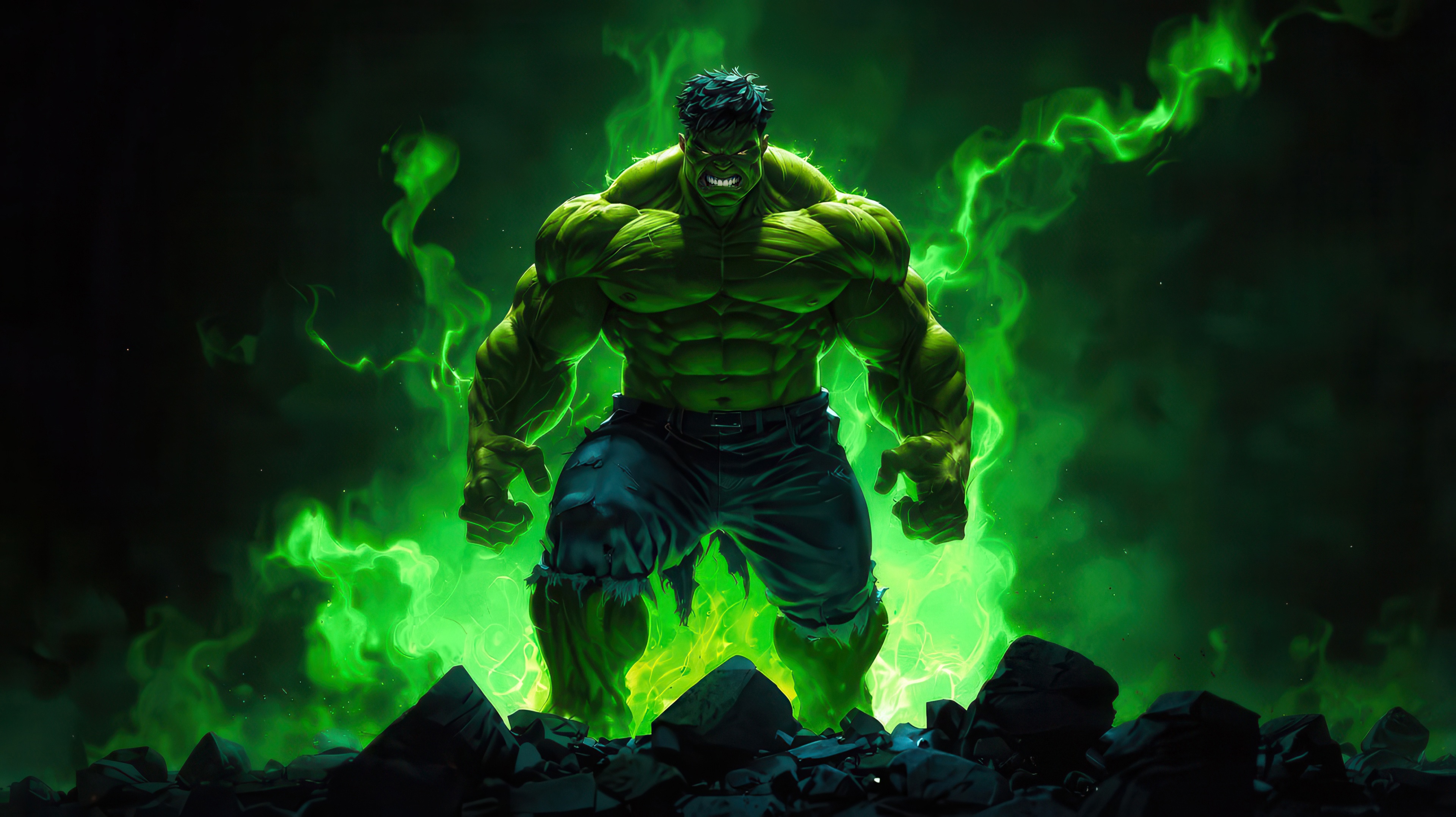 Hulk surrounded by green energy and rubble HD Wallpaper