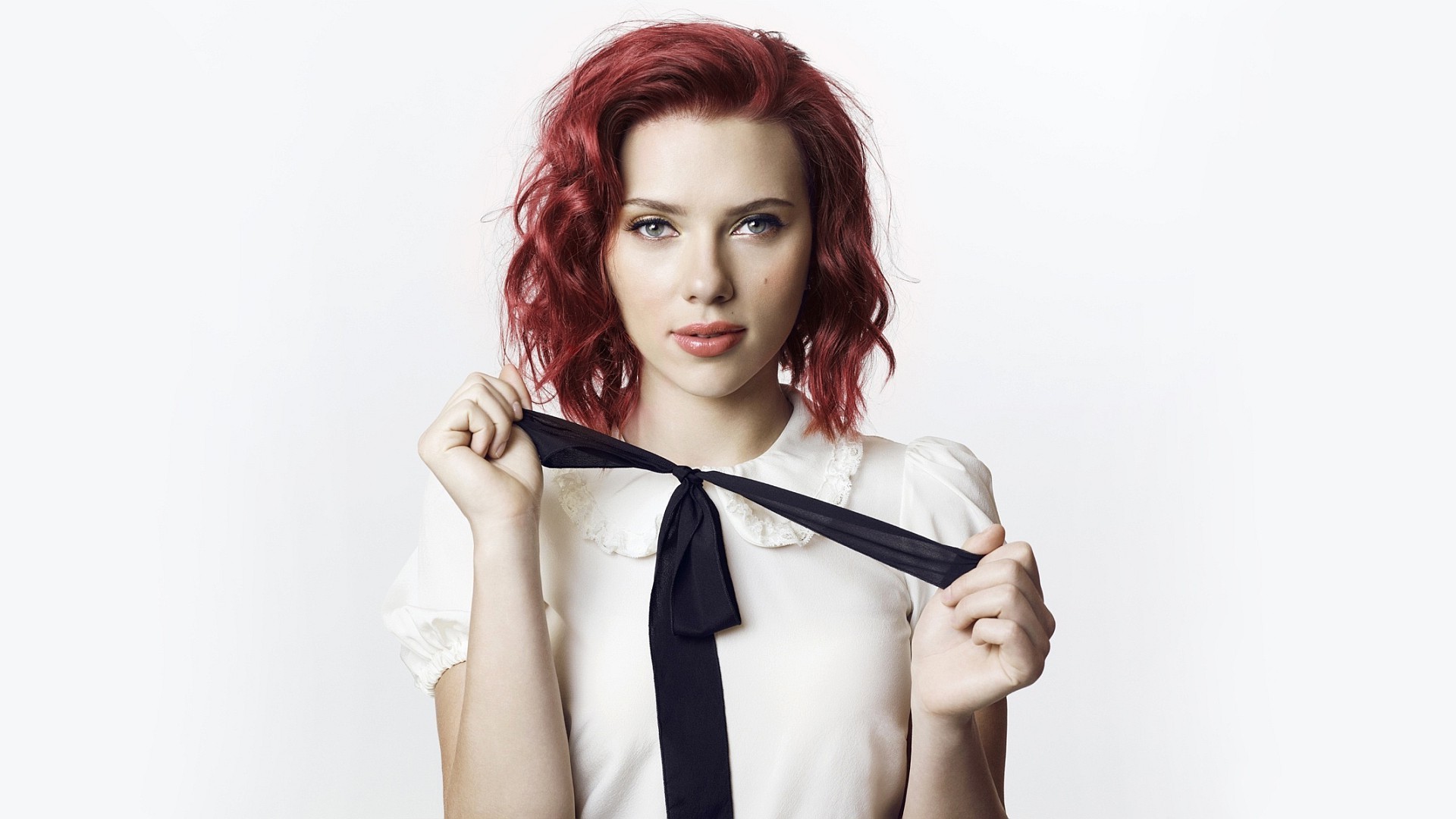 Scarlett Johansson with red hair and black bow HD Wallpaper