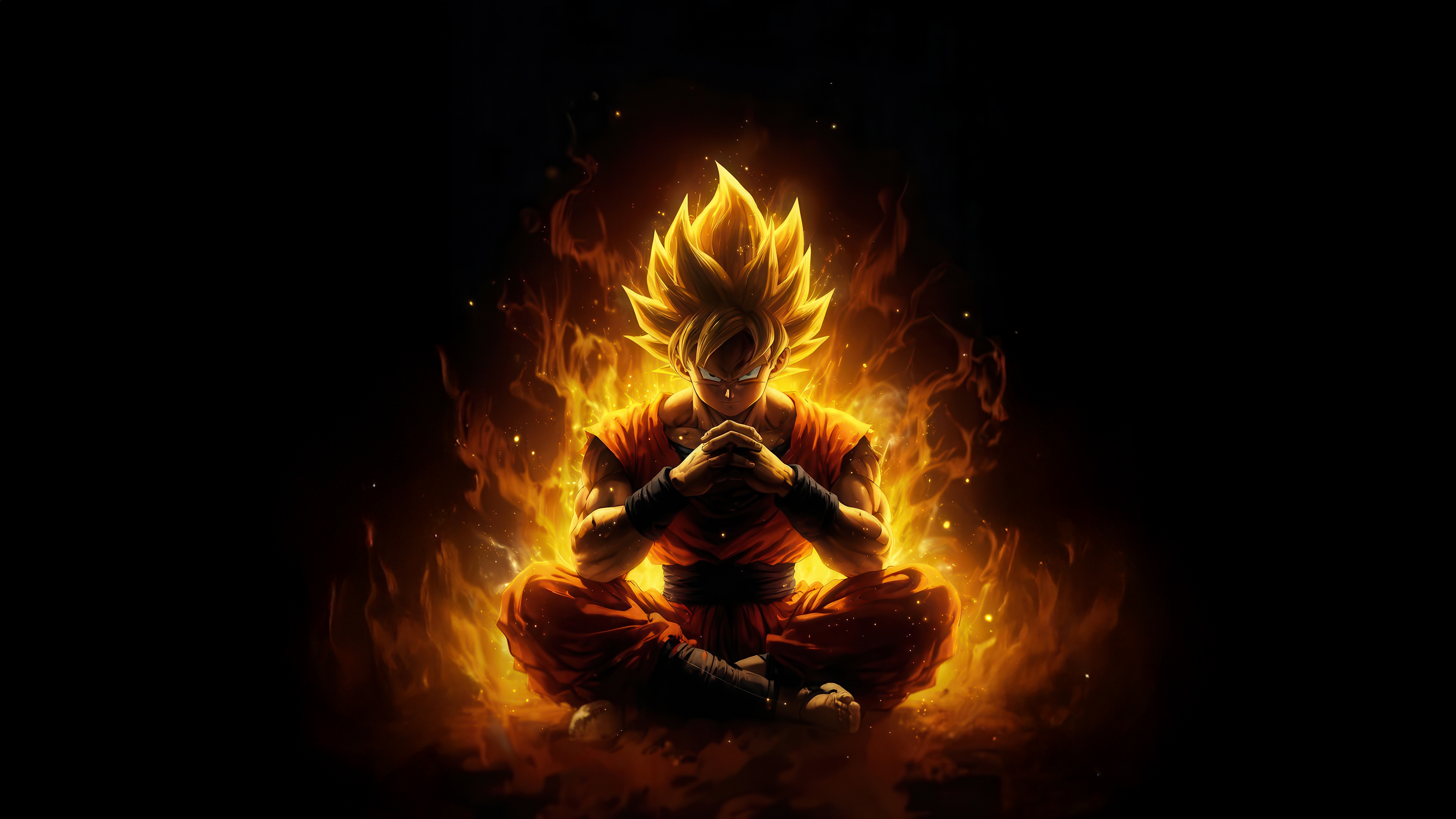Goku in Super Saiyan form meditating surrounded by flames HD Wallpaper