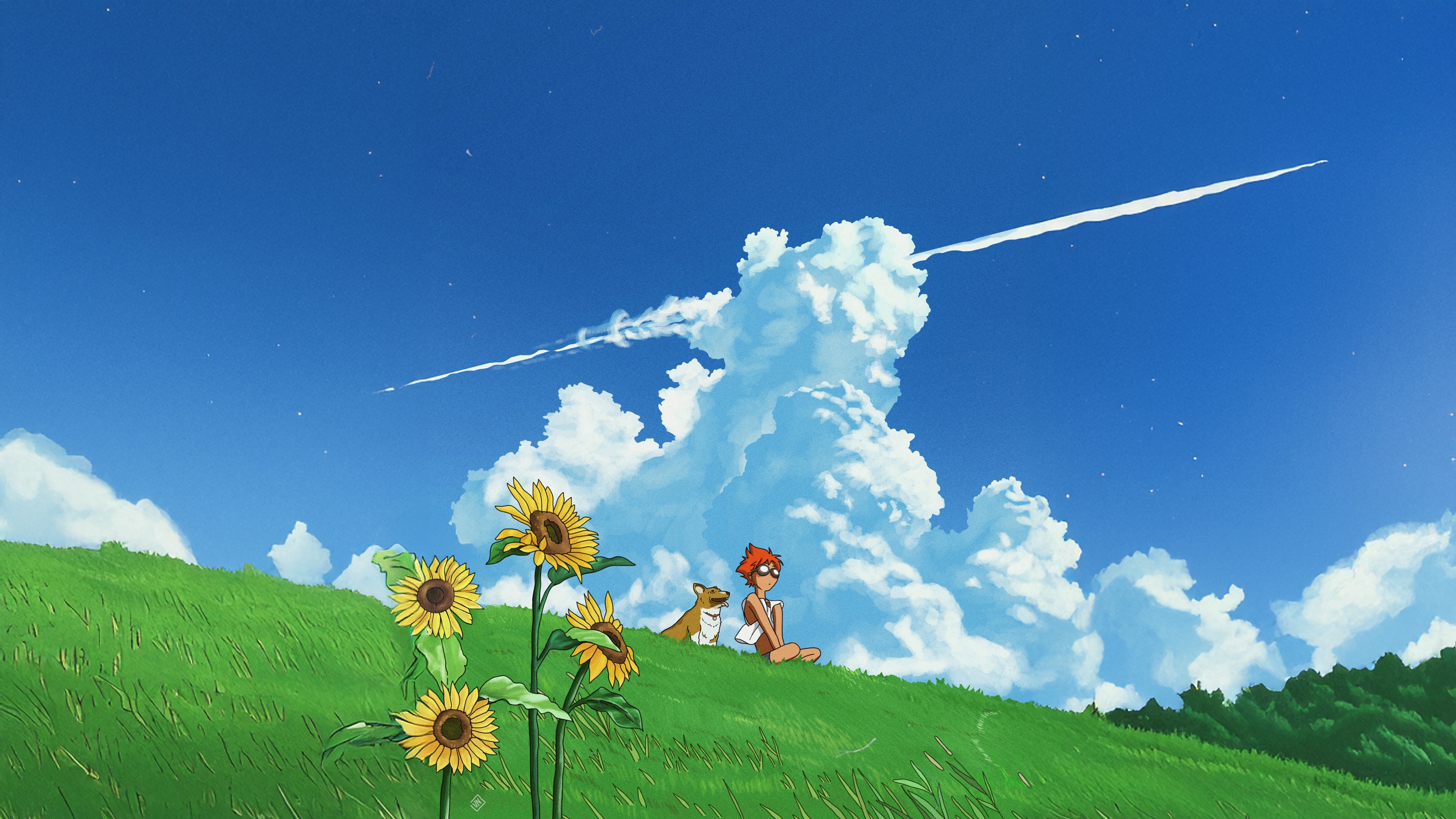 Ed and Ein on a grassy hill with sunflowers HD Wallpaper